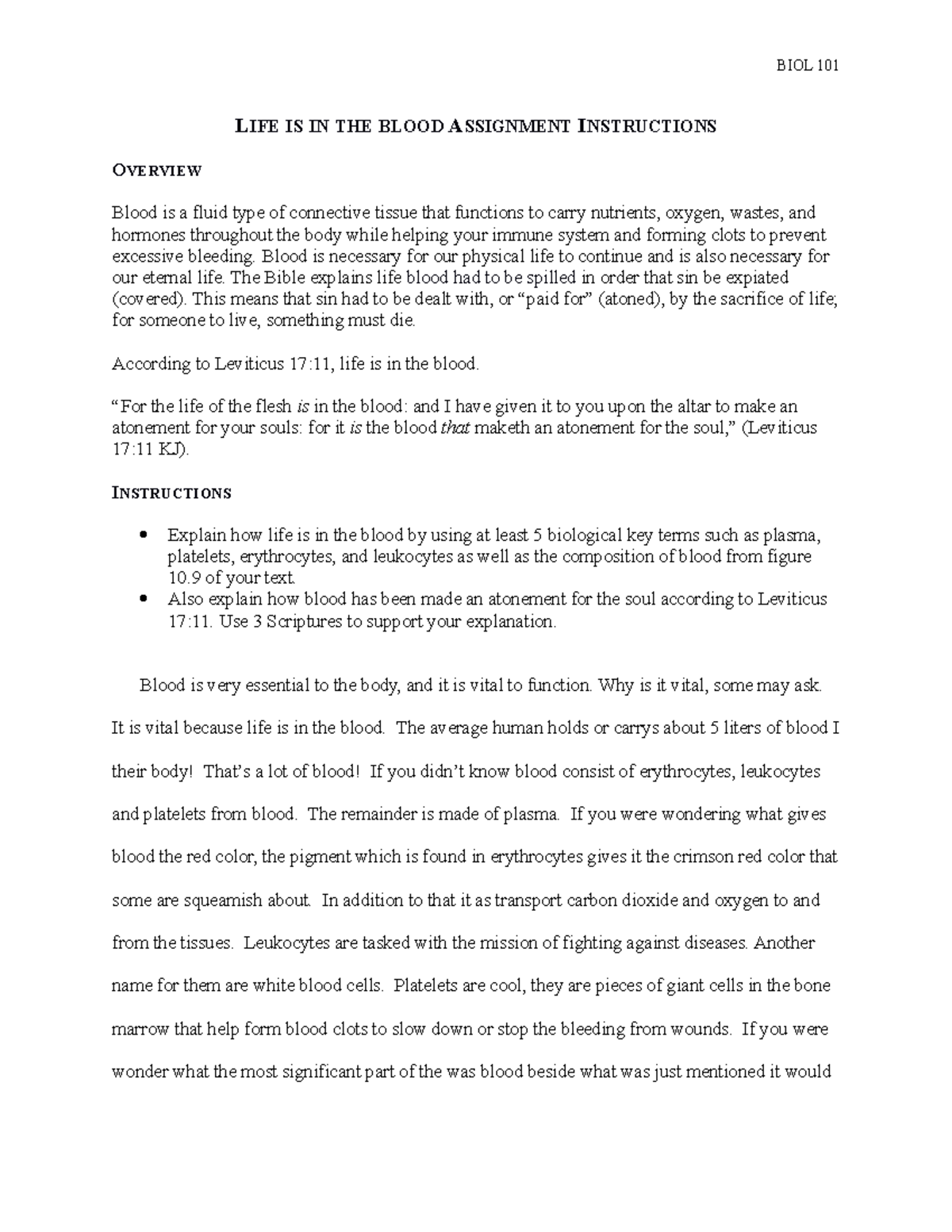 Life is in the Blood Assignment Instructions BIOL 101 LIFE IS IN THE