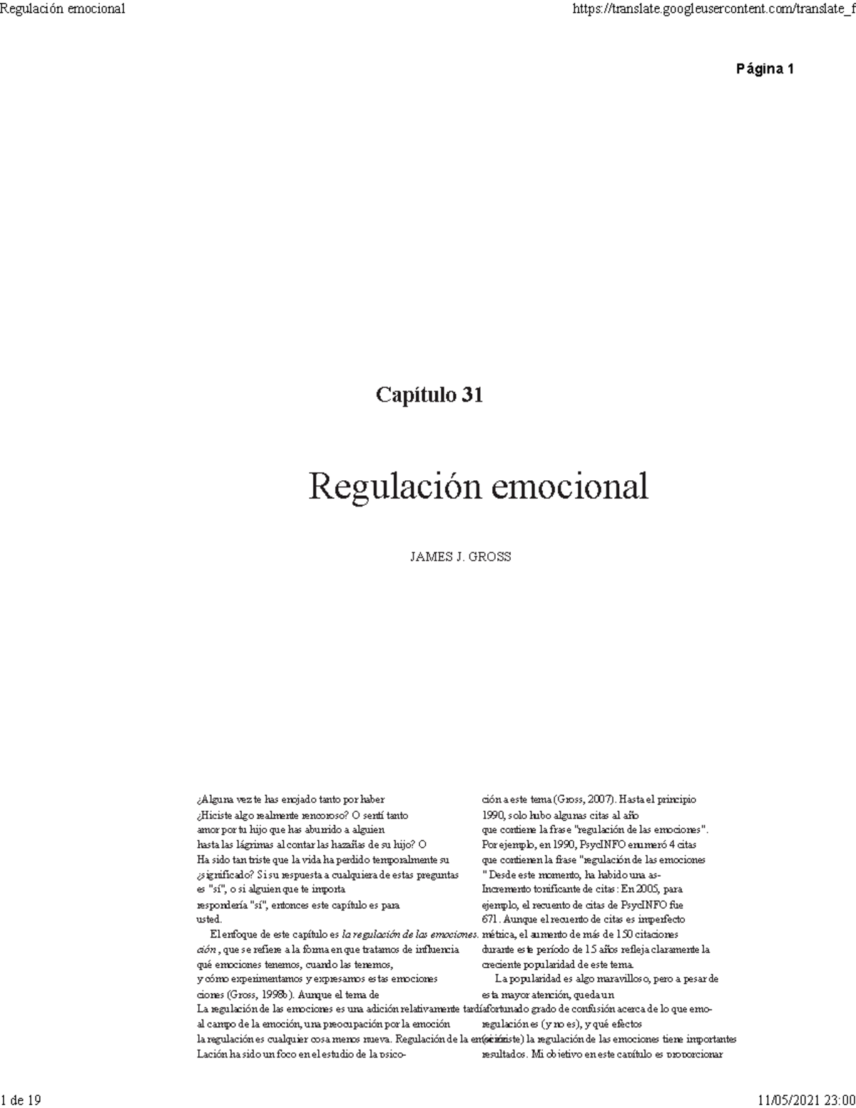 Regulación emocional - lectura - Página 1 Capítulo 31 Regulación emocional  JAMES J. GROSS ¿Alguna - Studocu