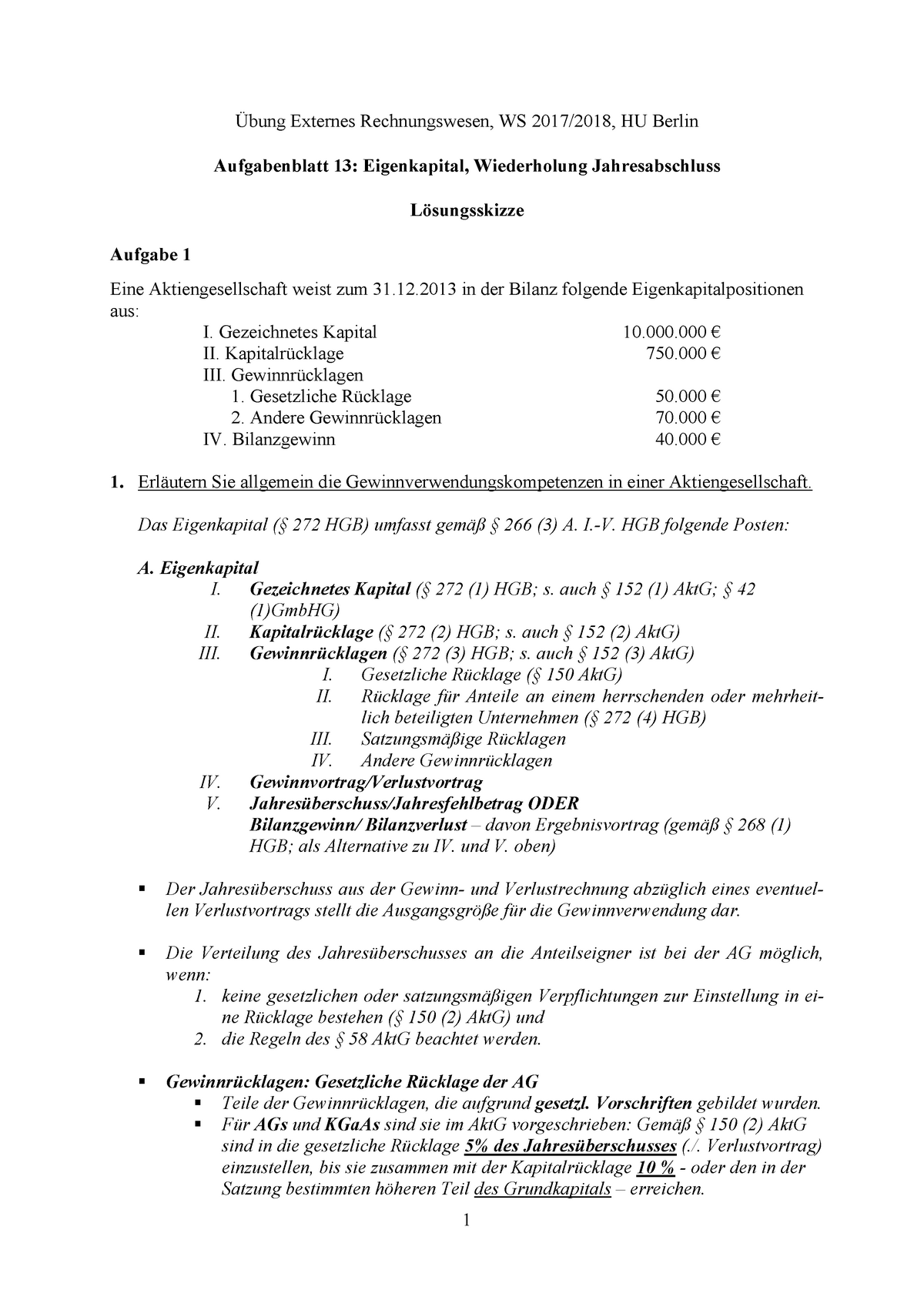 Lösungsskizze Zu Aufgabenblatt 13 - Externes Rechnungswesen, WS HU ...