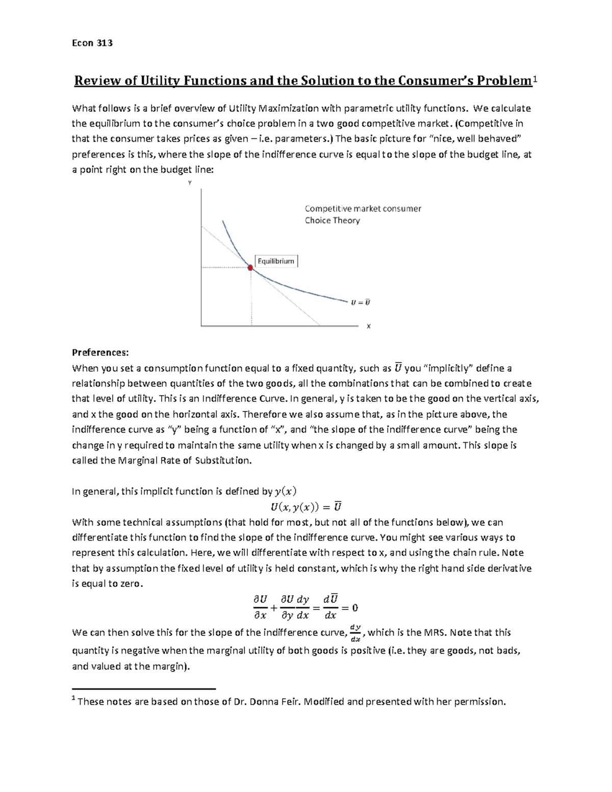 Examples of Utility Functions Review of Utility Functions and the