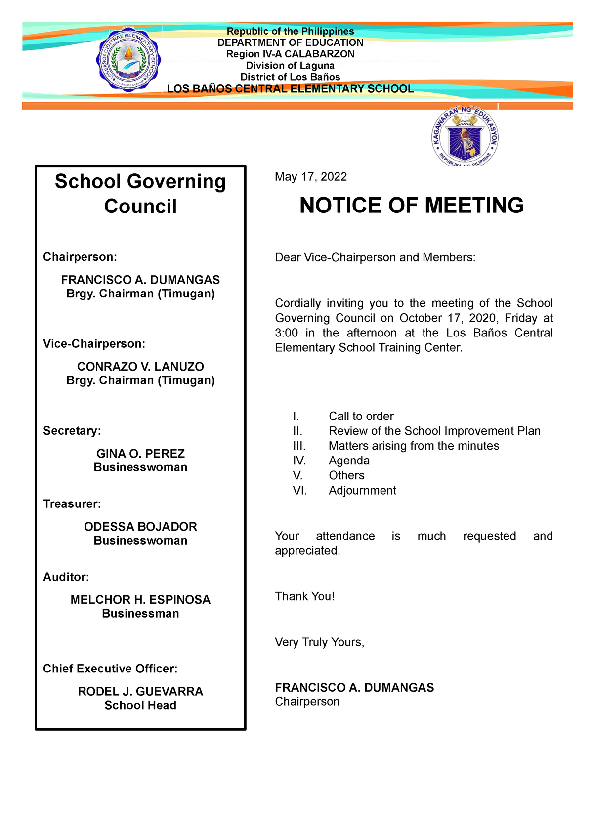 Notice OF Meeting SBFP Project School Governing Council Chairperson