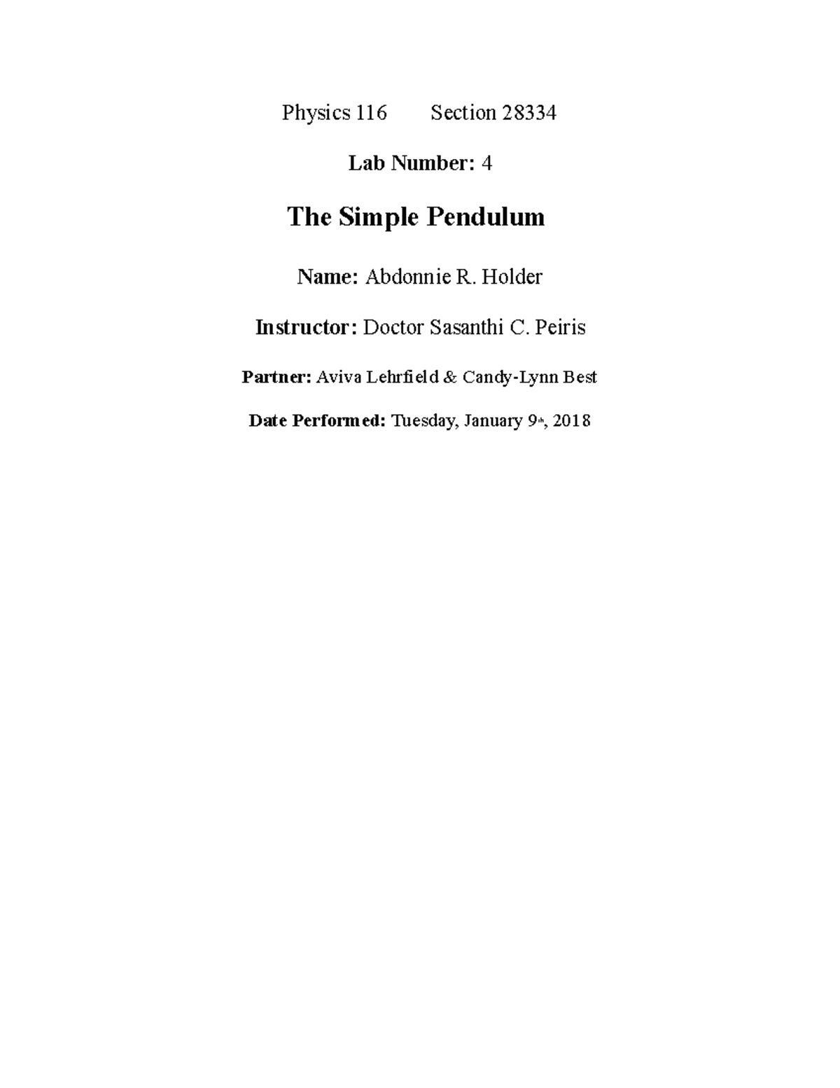 116 simple pendulum - lab report - Physics 116 Section 28334 Lab Number ...