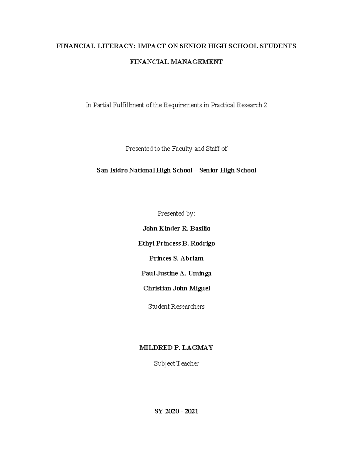 Practical-research-2 - FINANCIAL LITERACY: IMPACT ON SENIOR HIGH SCHOOL ...