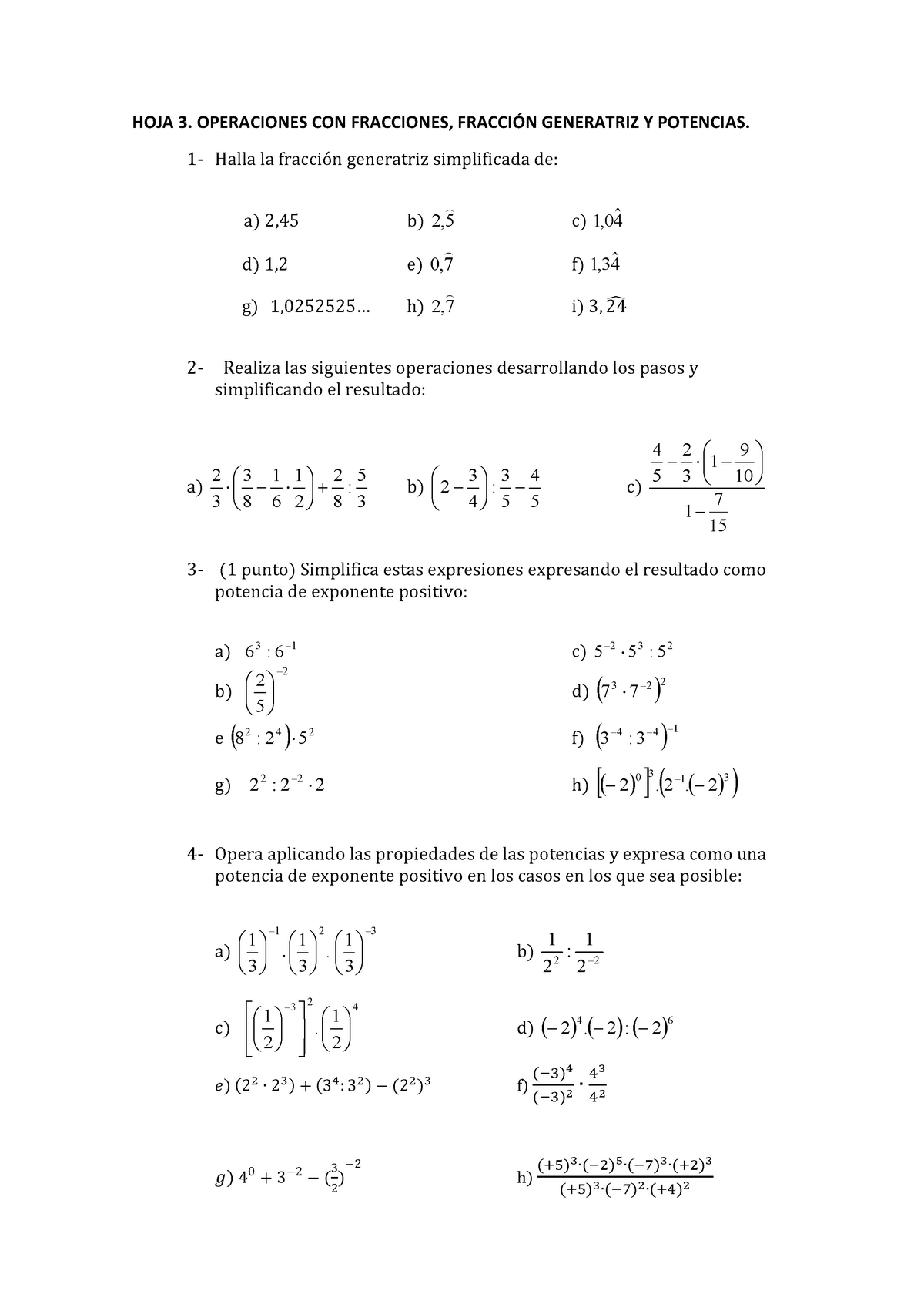 HOJA 3. Fracciones Y Potencias - HOJA 3. OPERACIONES CON FRACCIONES ...