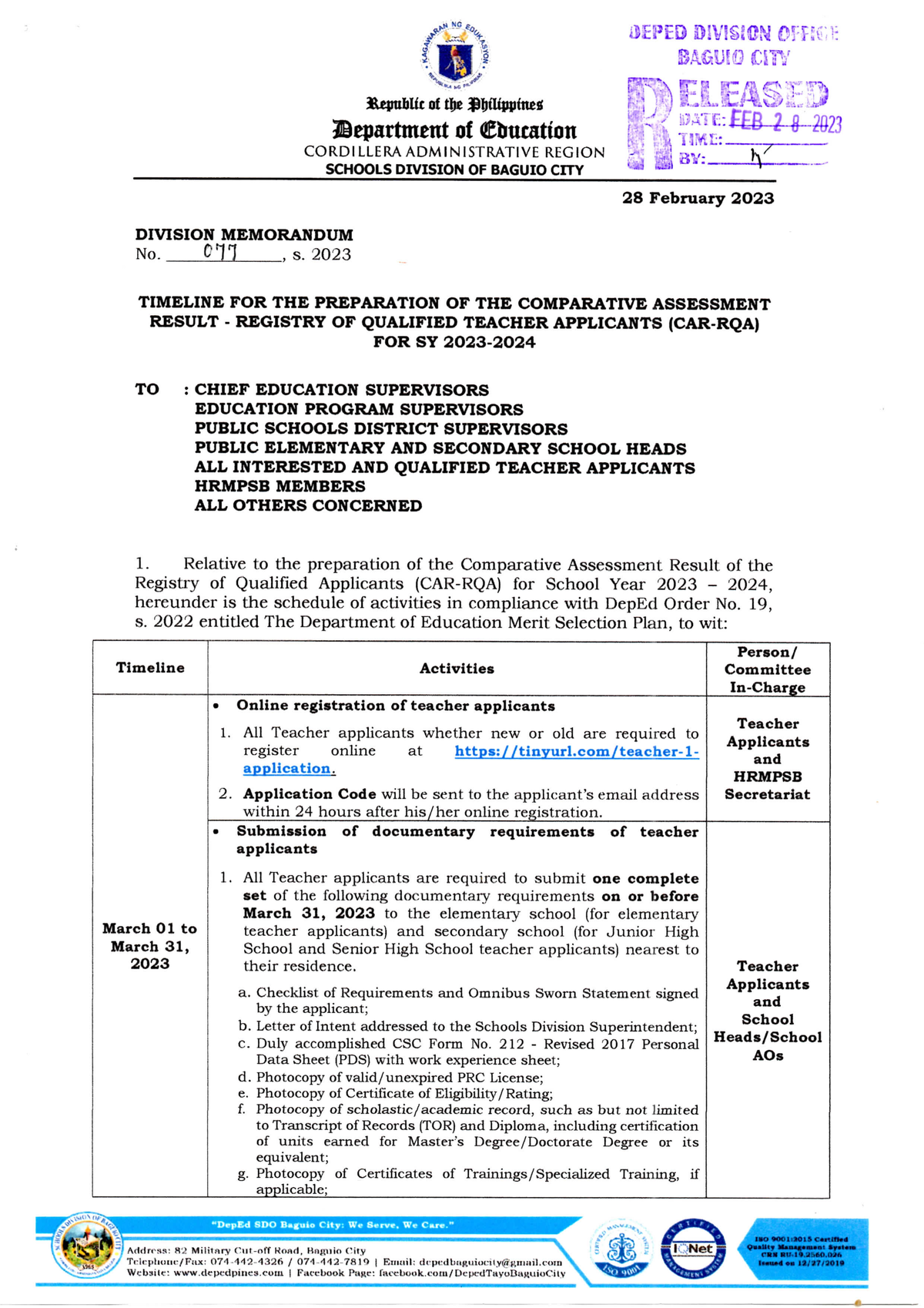 Memo for RQA 2023 2024 Republic of the Philippines Department of