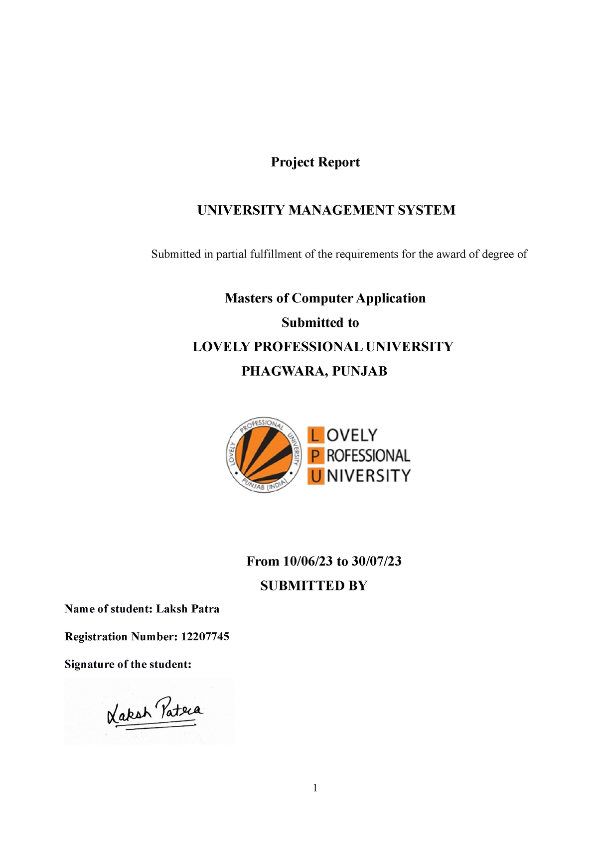 Project Work - Project Report UNIVERSITY MANAGEMENT SYSTEM Submitted In ...