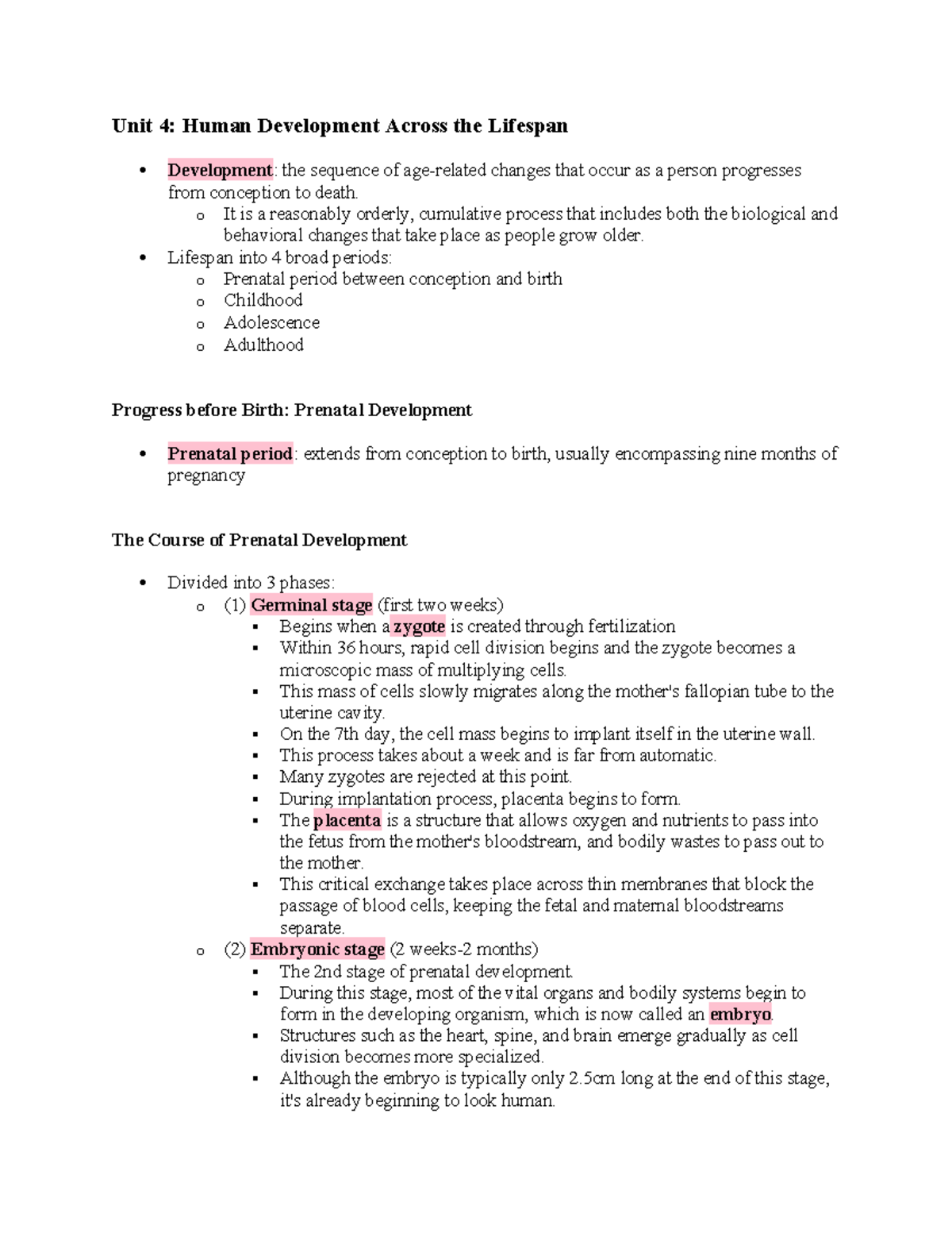 Unit4psych - unit 4 notes - Unit 4: Human Development Across the ...