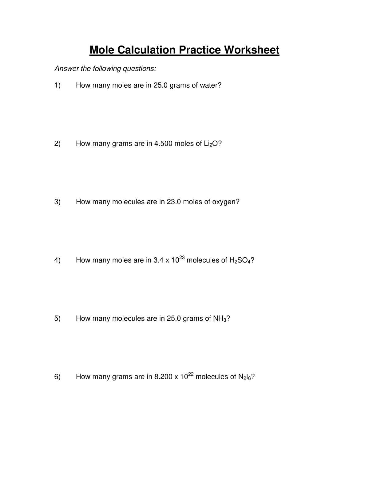 Chemistry for Engineers - Mole Worksheet and Solns 22 - Mole Throughout Mole Worksheet 1
