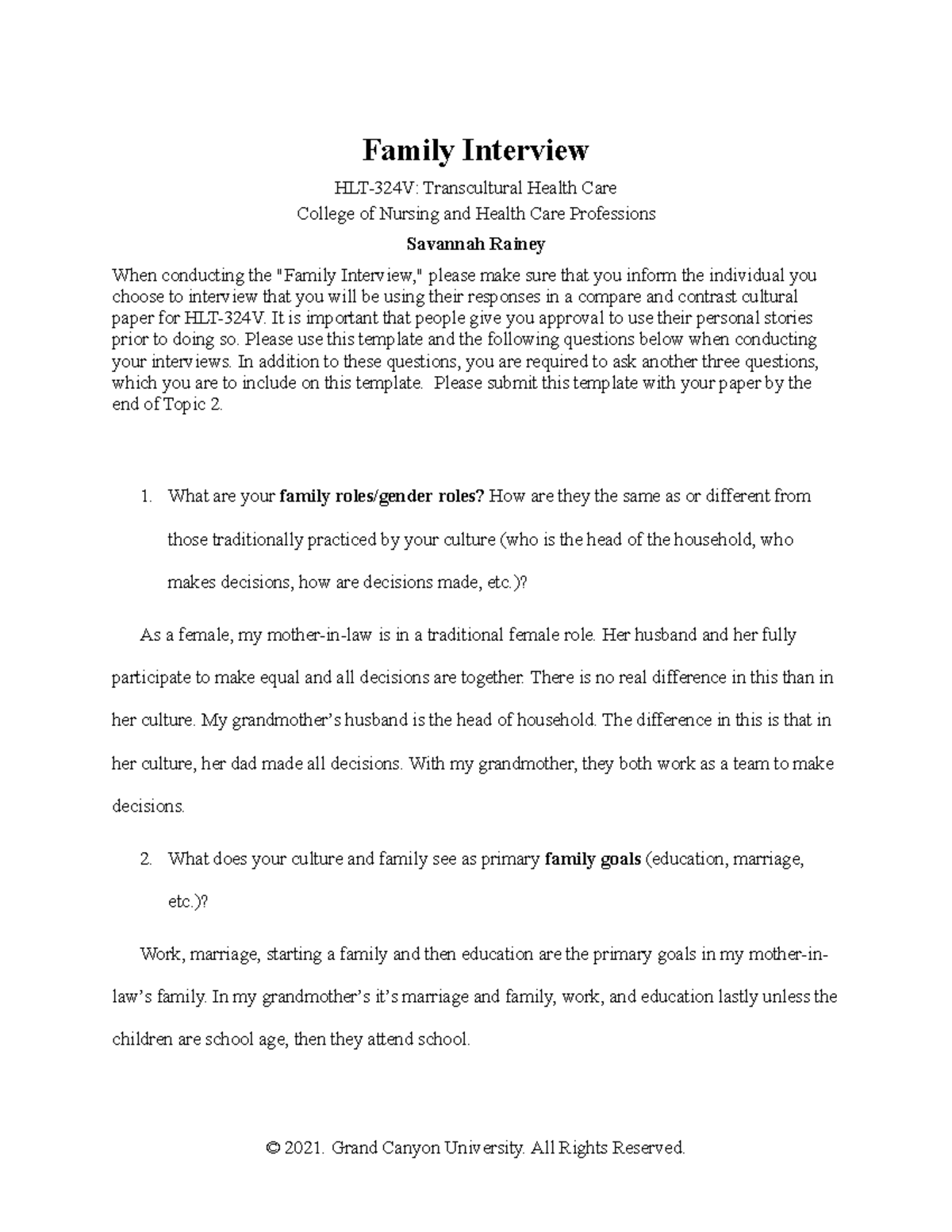 Rainey Family Interview Template - Family Interview HLT-324V ...