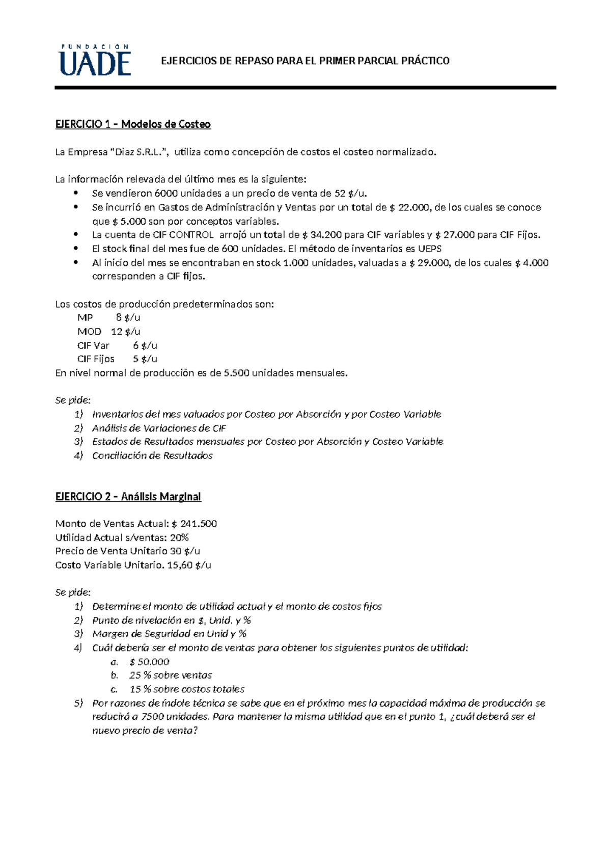Ejercicios Repaso Primer Parcial - EJERCICIOS DE REPASO PARA EL PRIMER ...