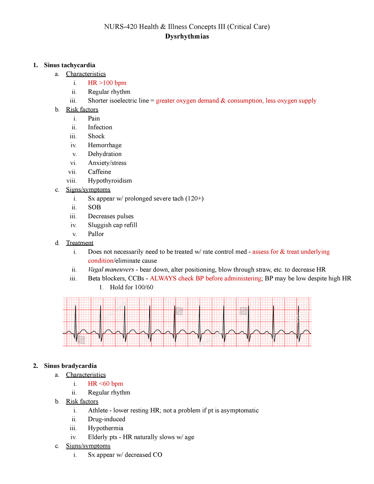 Dysrhythmias study guide - NURS-420 Health & Illness Concepts III ...