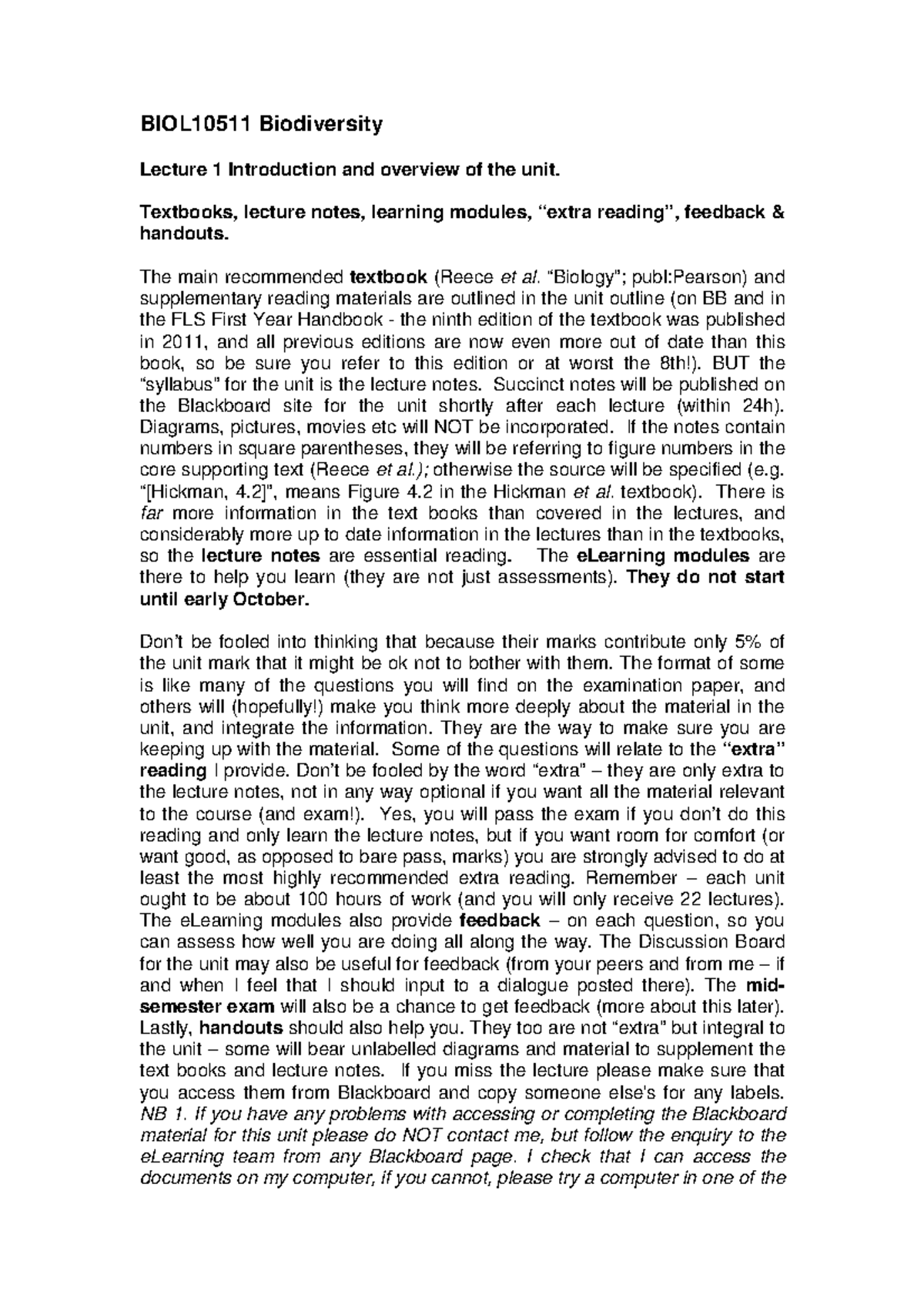 Lecture Notes 1 Till 5 6 Biodiversity - BIOL10511 Biodiversity Lecture ...