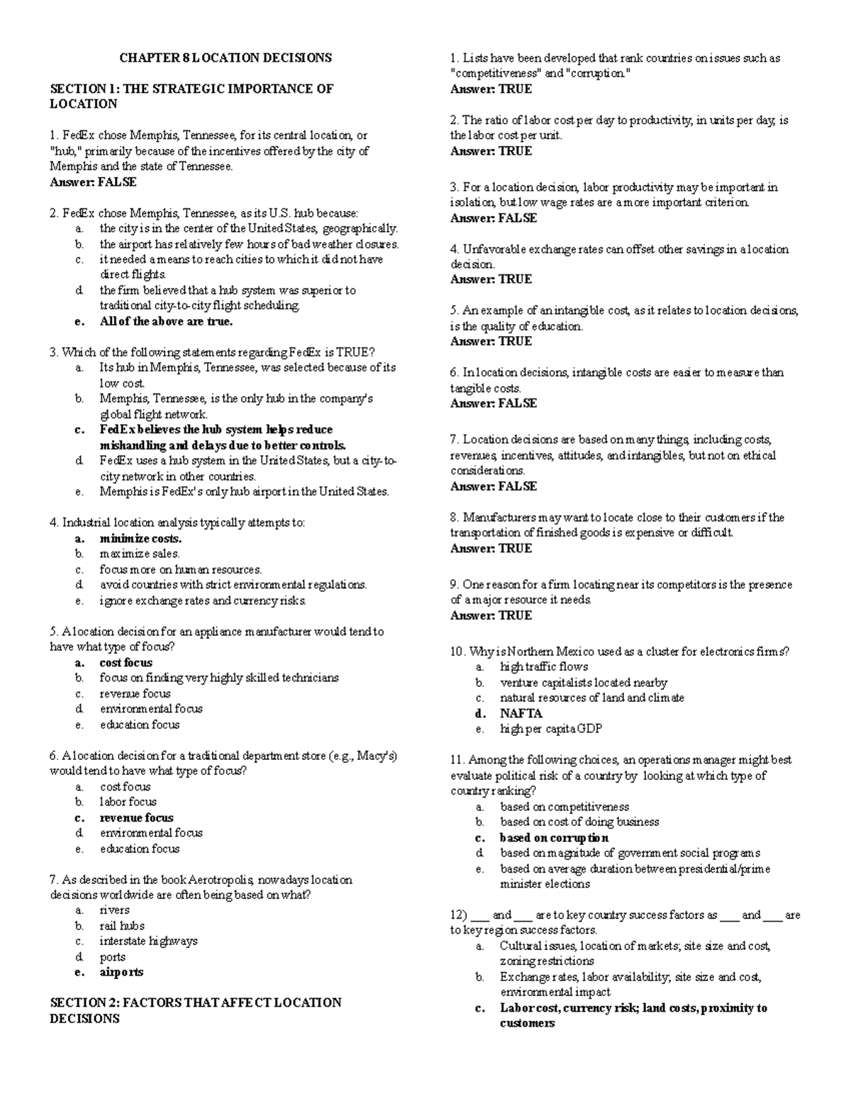 Opman - Chapter 8 Testbank - CHAPTER 8 LOCATION DECISIONS SECTION 1 ...