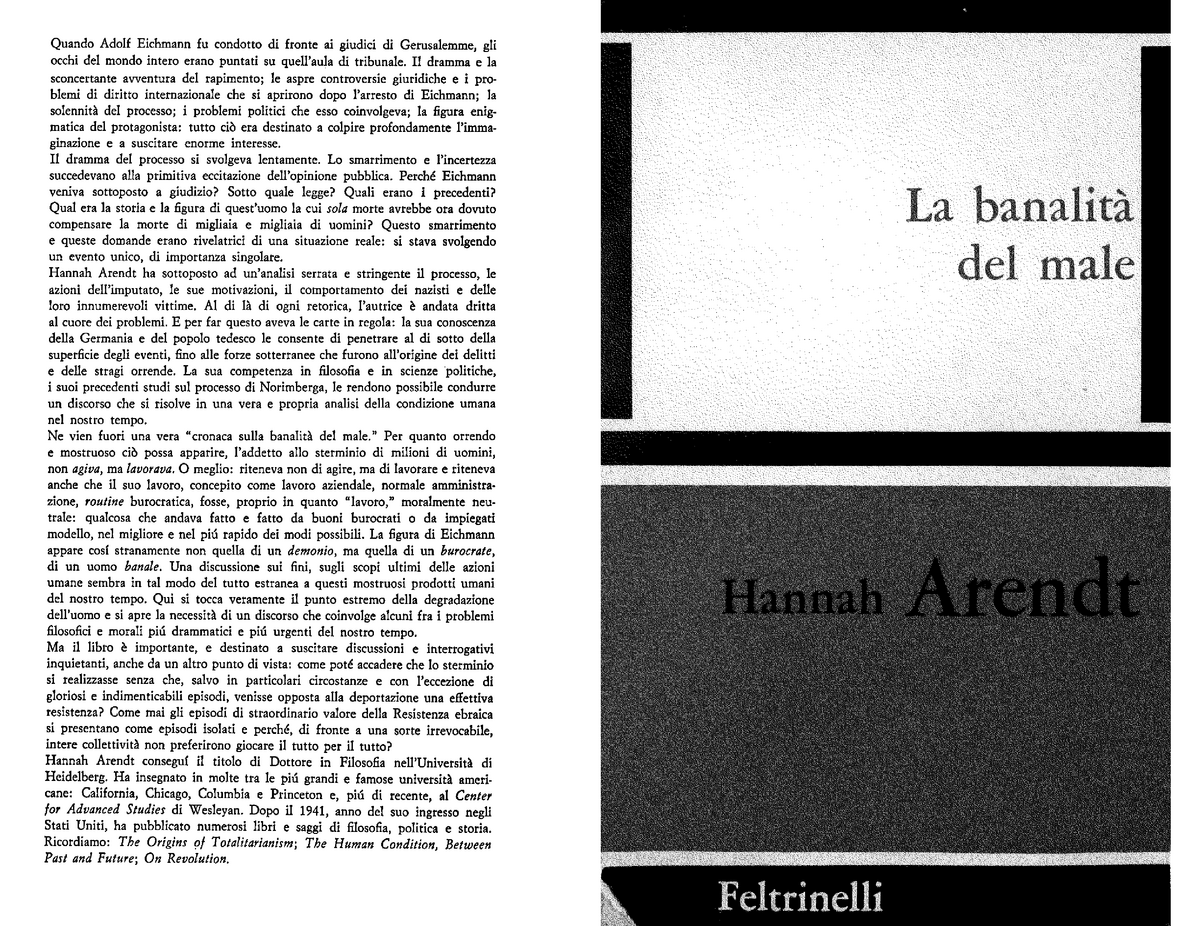 Hannah Arendt - La Banalita del male-Feltrinelli (1964) - Sociologia della  comunicazione e dei media - Studocu
