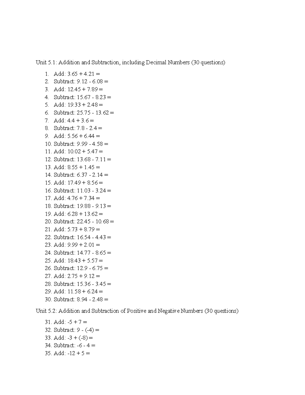 Unit 5 1 - math - Unit 5: Addition and Subtraction, including Decimal ...