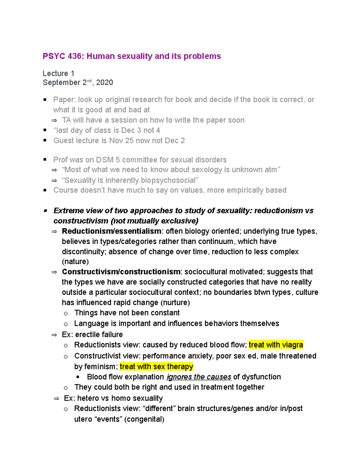 PSYC 436 Lecture Notes - Entire course - PSYC 436: Human sexuality and ...