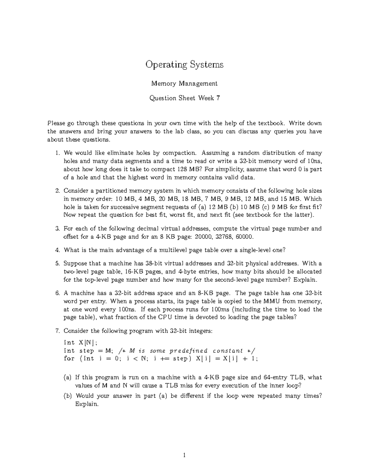 Question set 7 -qs - Operating Systems Memory Management Question Sheet ...