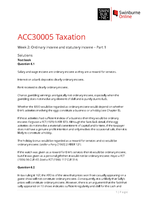 Acc30005 Taxation Week 2 Solutions Acc30005 Taxation Week 2 Ordinary Income And Statutory Income Studocu