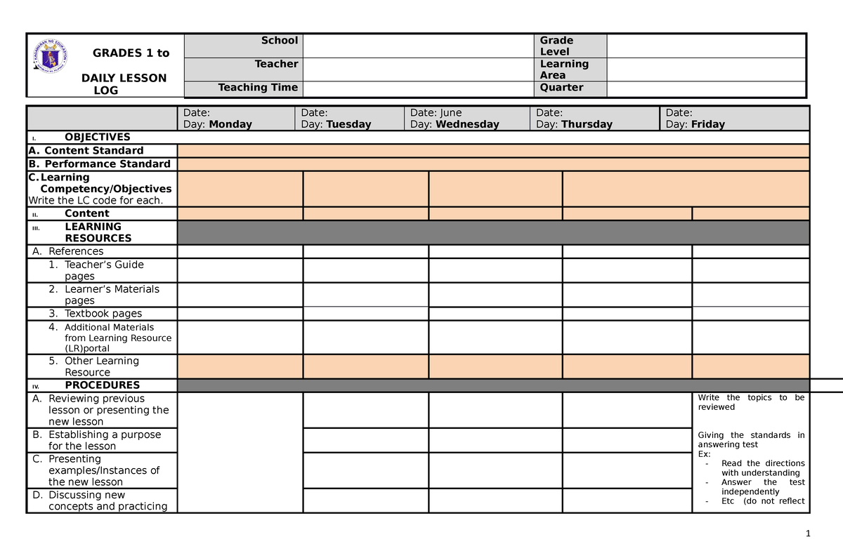 DLL Template for posting - GRADES 1 to 12 DAILY LESSON LOG School Grade ...