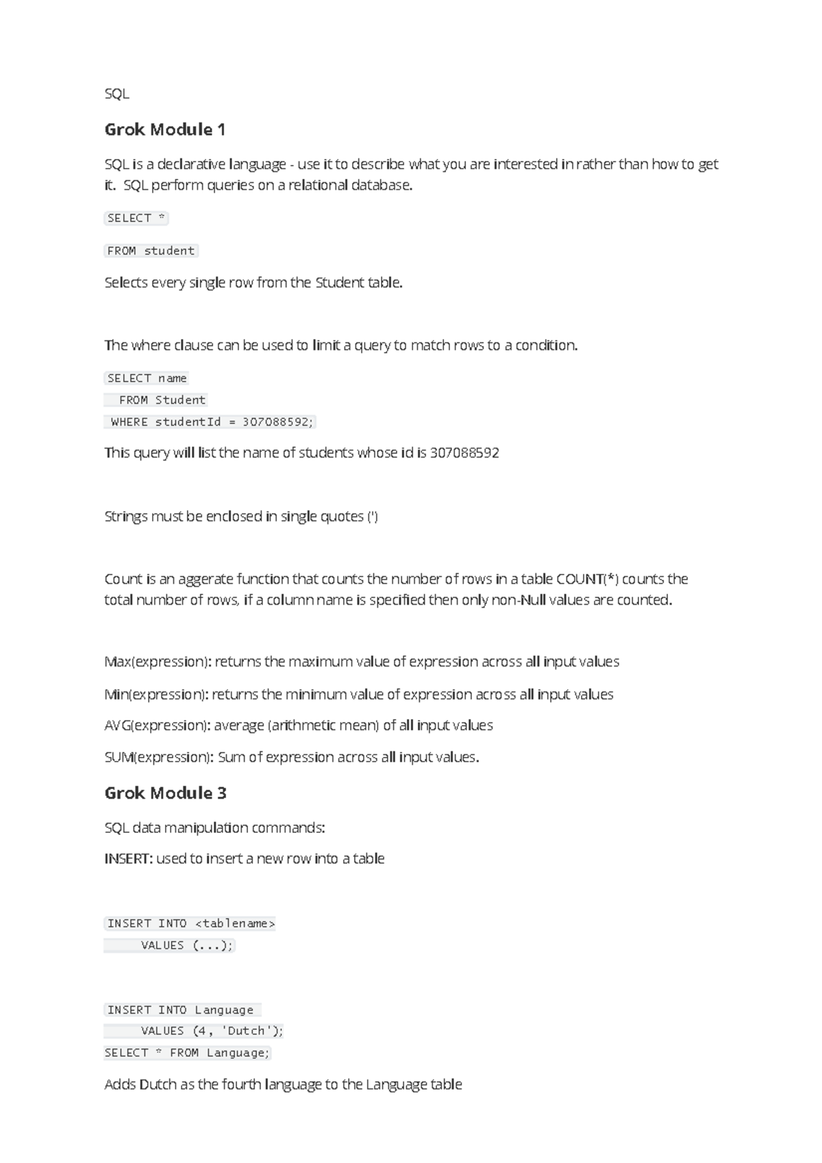 SQL Grok Module Summaries - ISYS2120 - USyd - Studocu