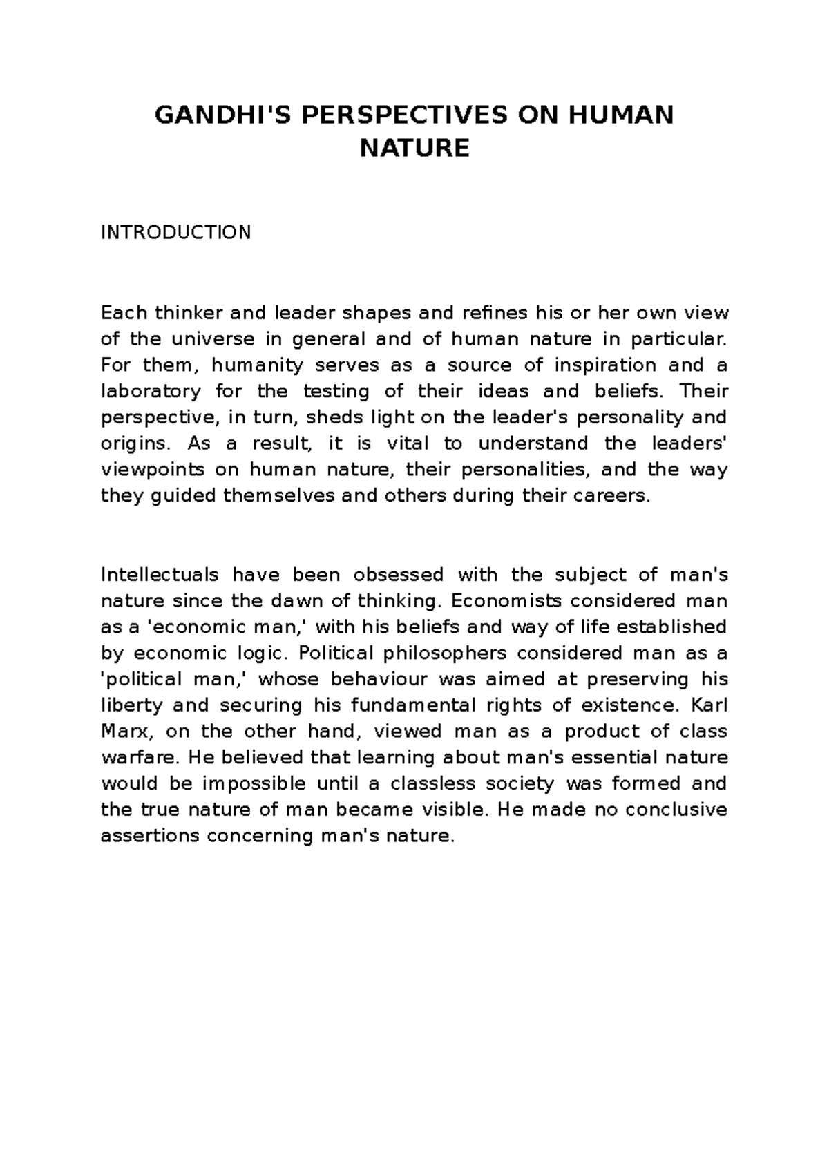 Gandhi'S Perspectives ON Human Nature The Gandhian Thought Political