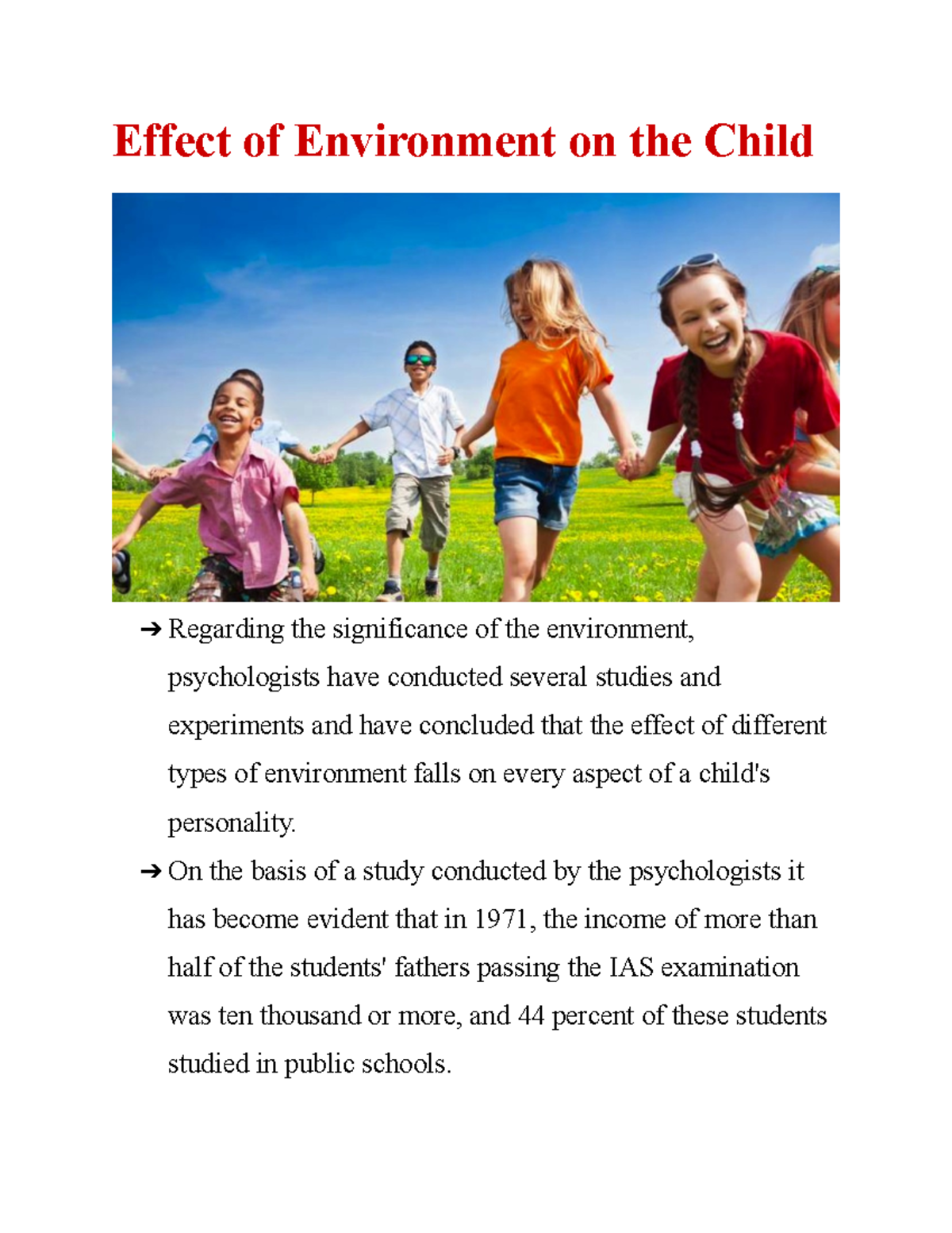 Effect of Environment on the Child - On the basis of a study conducted ...