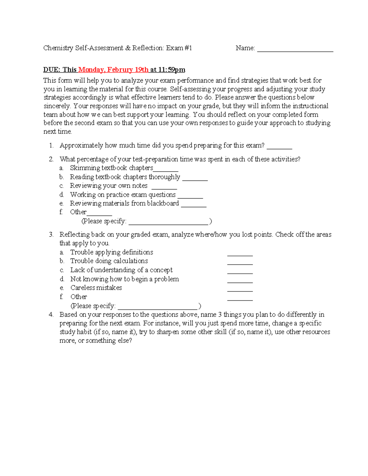 211 Exam 1 Reflection SP24 - Chemistry Self-Assessment & Reflection ...