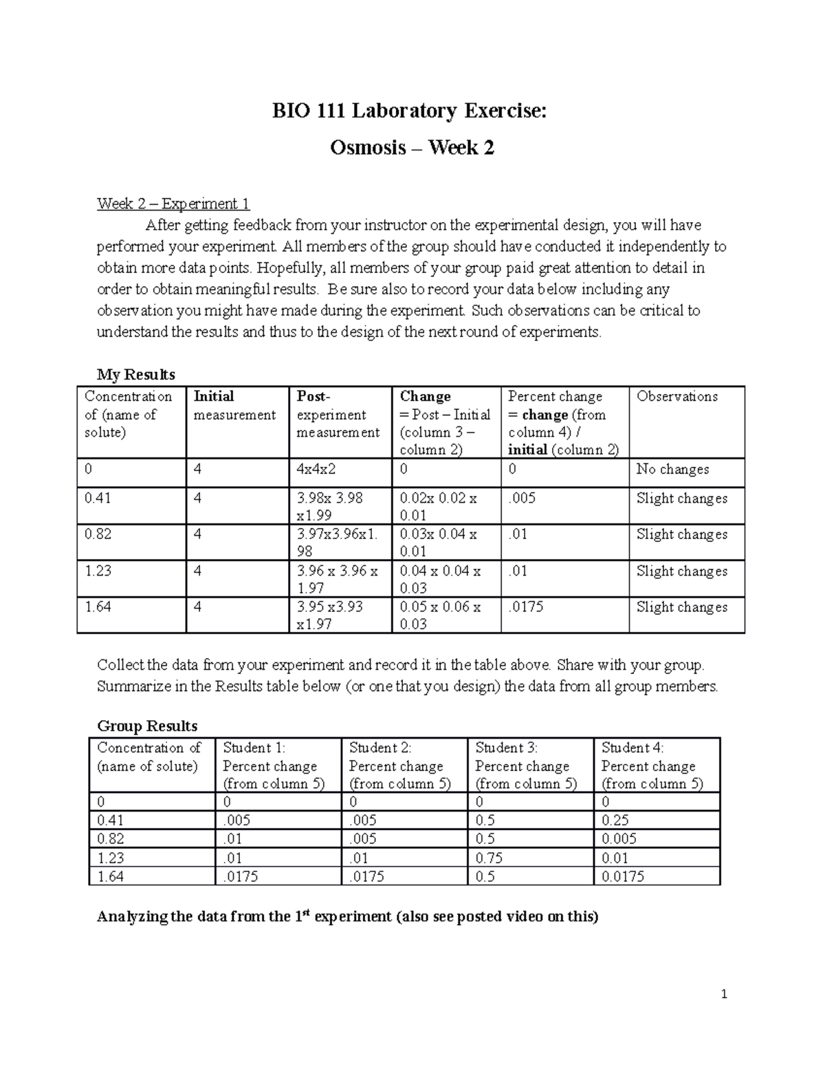 Osmosis BIO 111 Laboratory Exercise Osmosis Week 2 Week 2