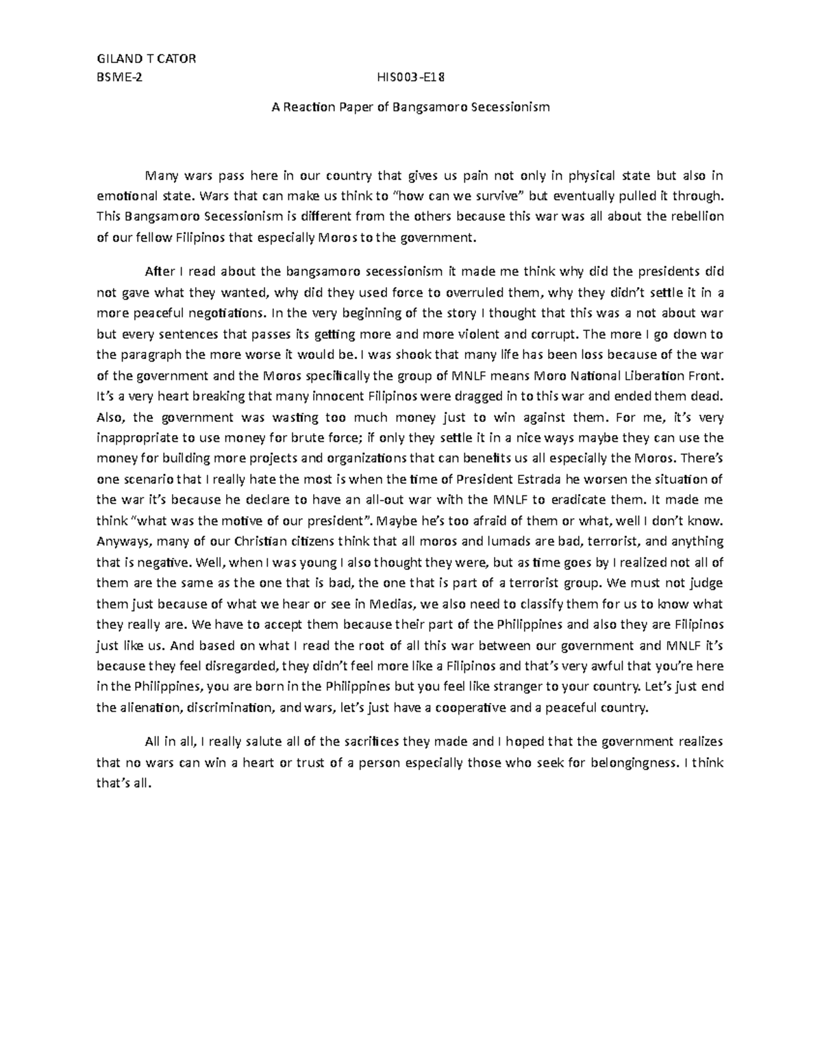 A Reaction Paper of Bangsamoro Secessionism - GILAND T CATOR BSME-2 ...