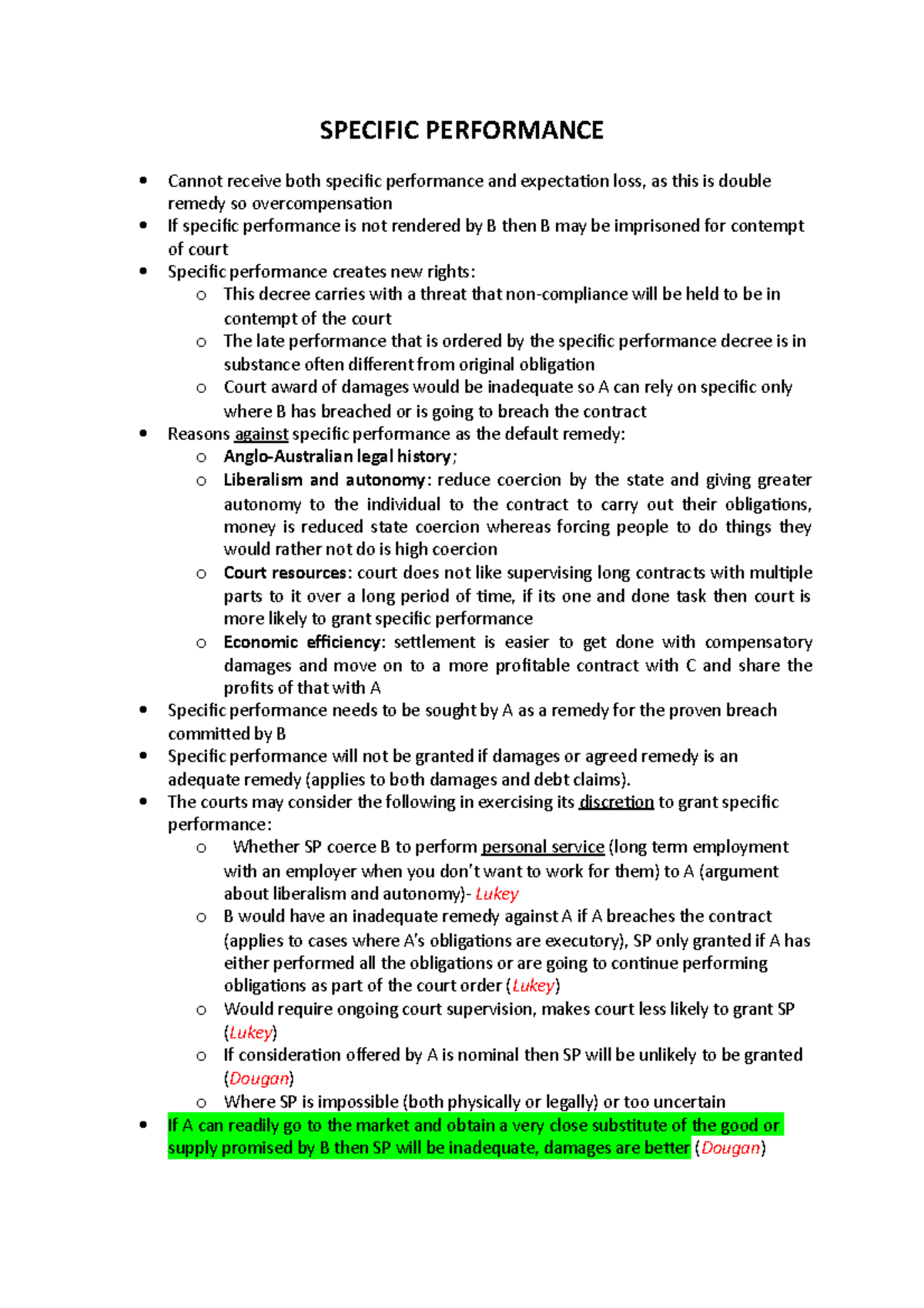 Specific Performance - The courts may consider the following in ...