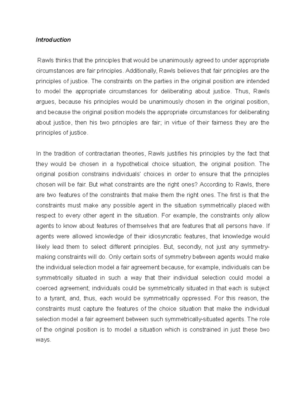 Defense of the Original Position - Introduction Rawls thinks that the ...