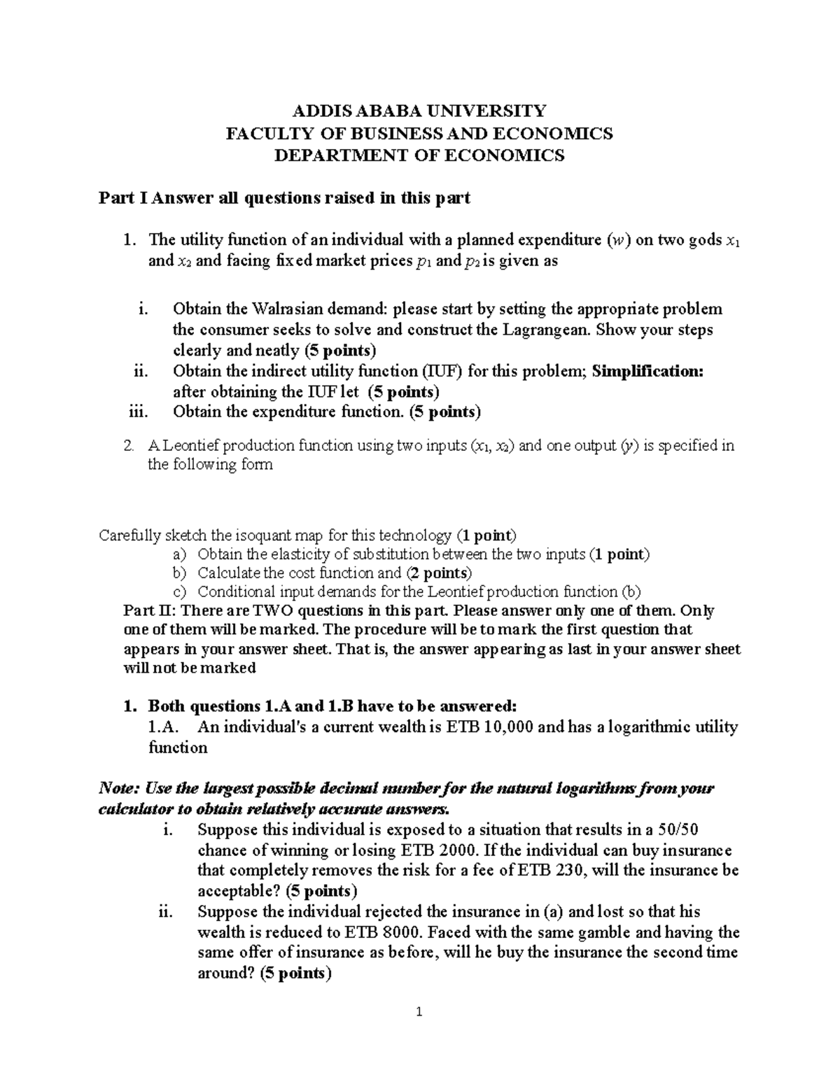 Final Exam 1 - A Course In Microeconomics - ADDIS ABABA UNIVERSITY ...