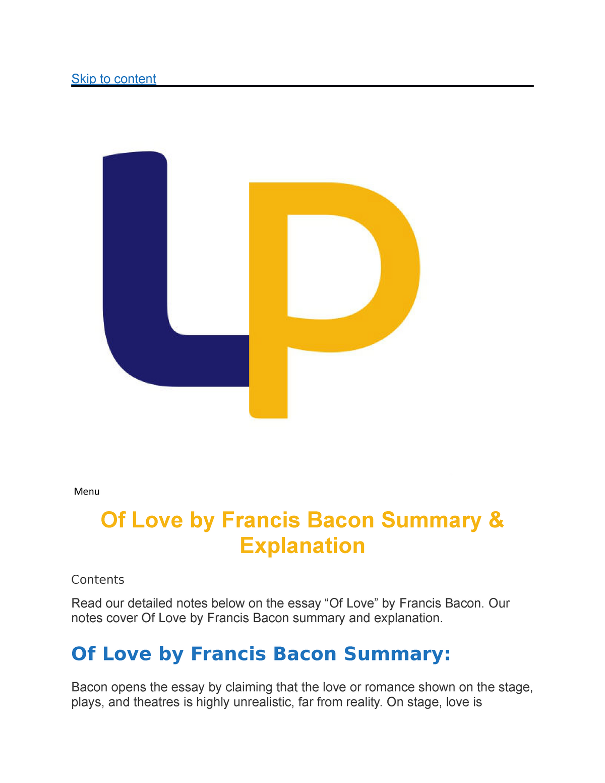 summary of bacon's essay of love