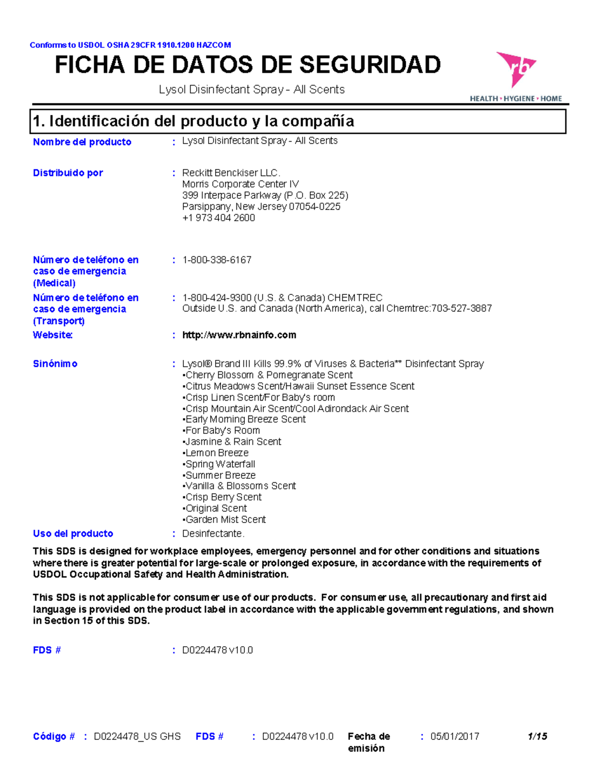 10. Lysol Spray MSDS msds Lysol Disinfectant Spray All Scents