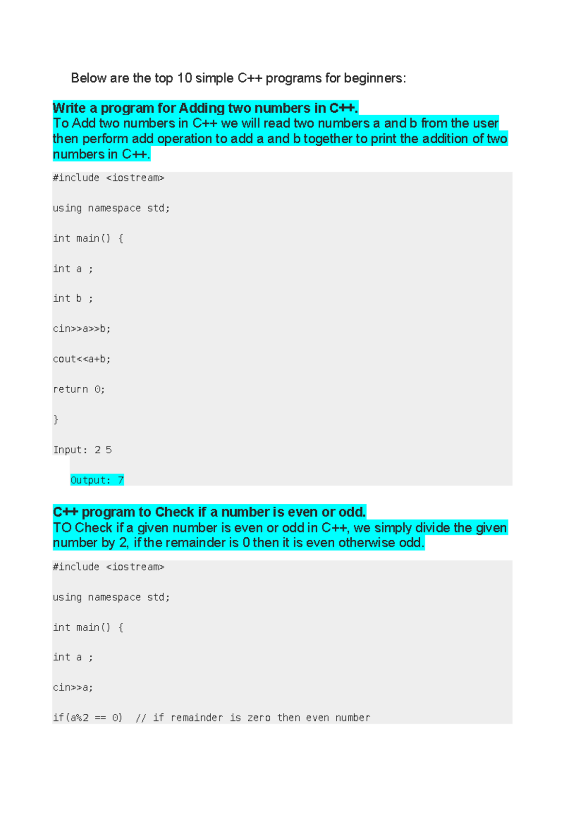 C++ programs - To Add two numbers in C++ we will read two numbers a and ...