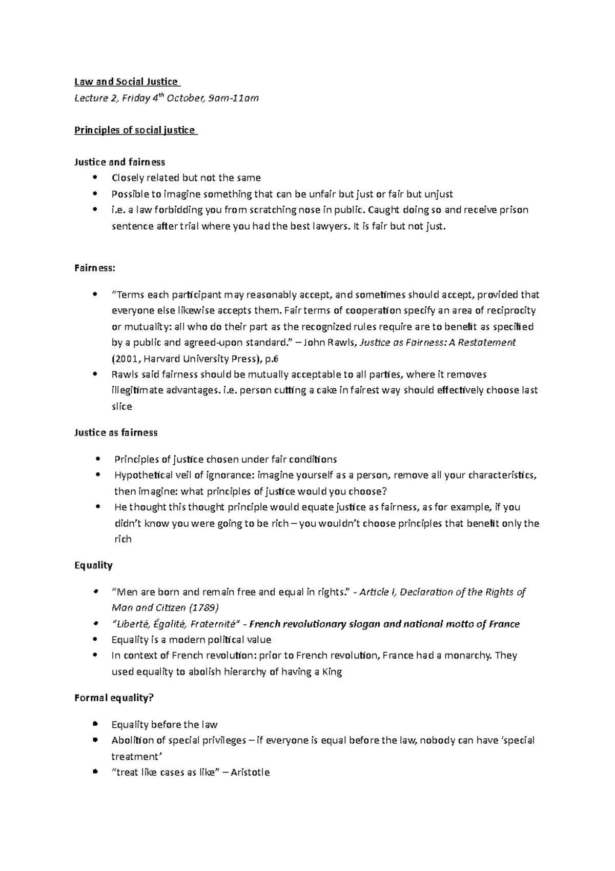 LSJ lecture 2 - Law and Social Jusice Lecture 2, Friday 4th October ...