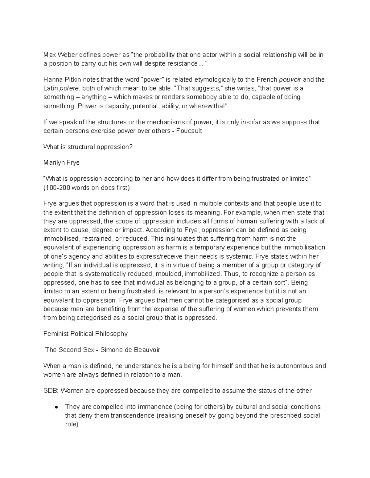 Gender and Oppression PHM3123 - Max Weber defines power as “the ...