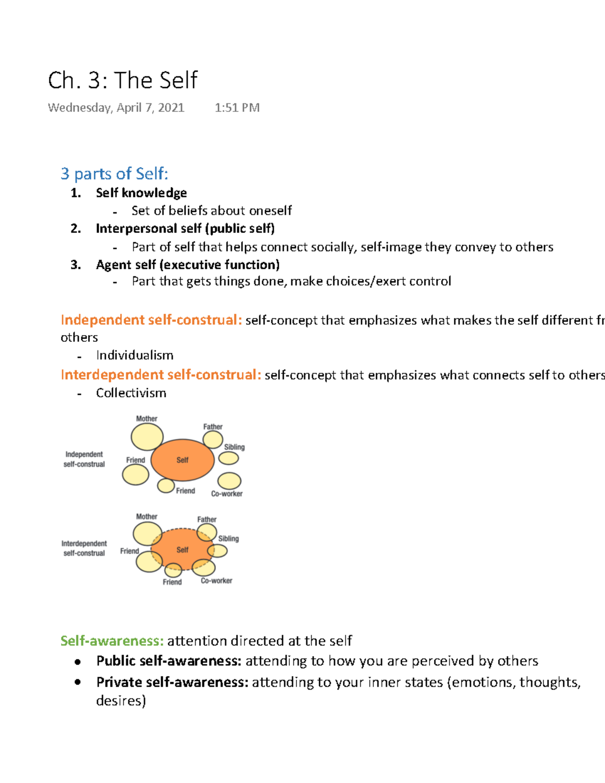 Ch. 3 The Self Chapter 3 The Self notes 3 parts of Self Self