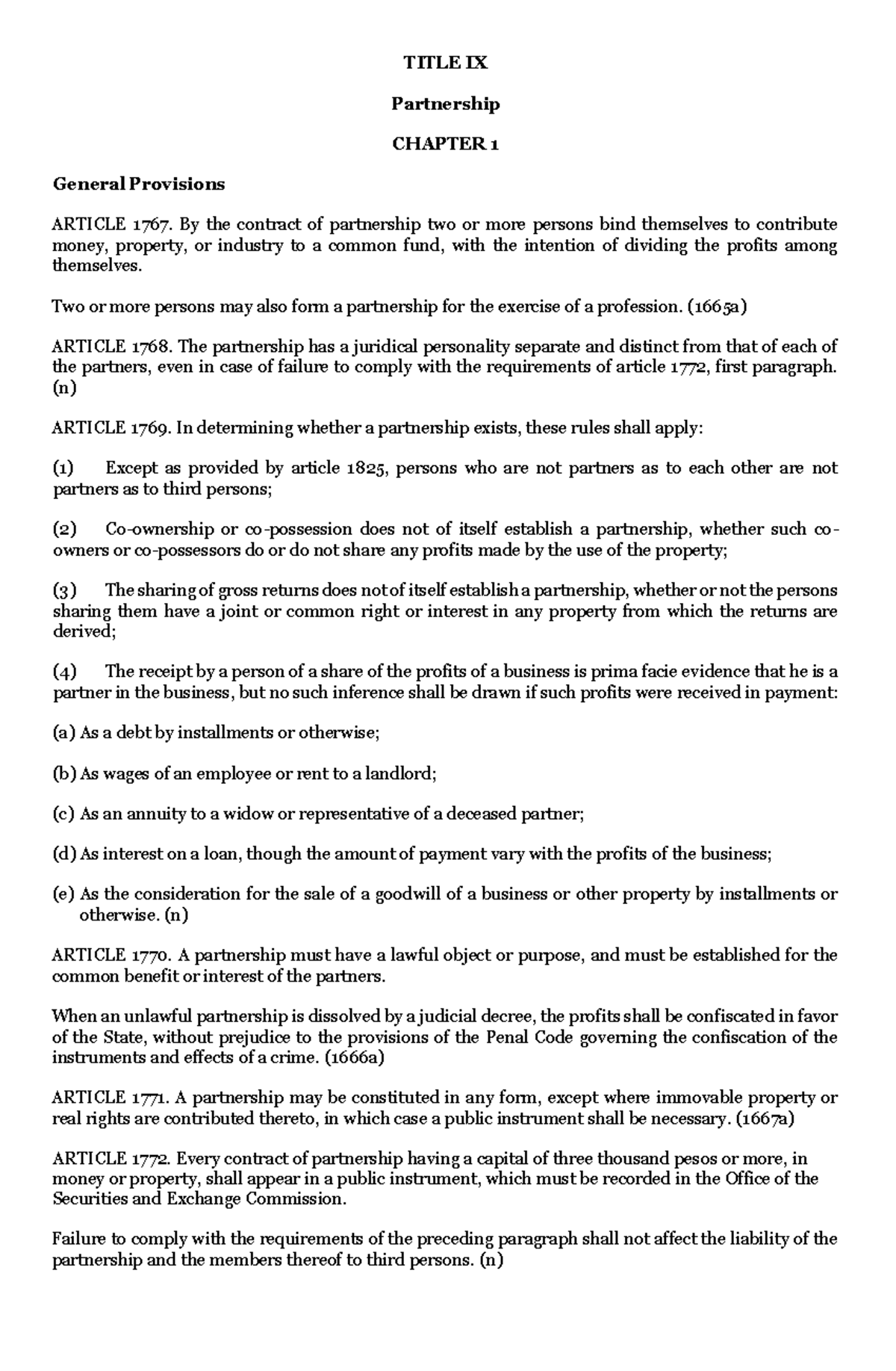 Civil Code-Book IV Title-Is X-Partnership - TITLE IX Partnership ...