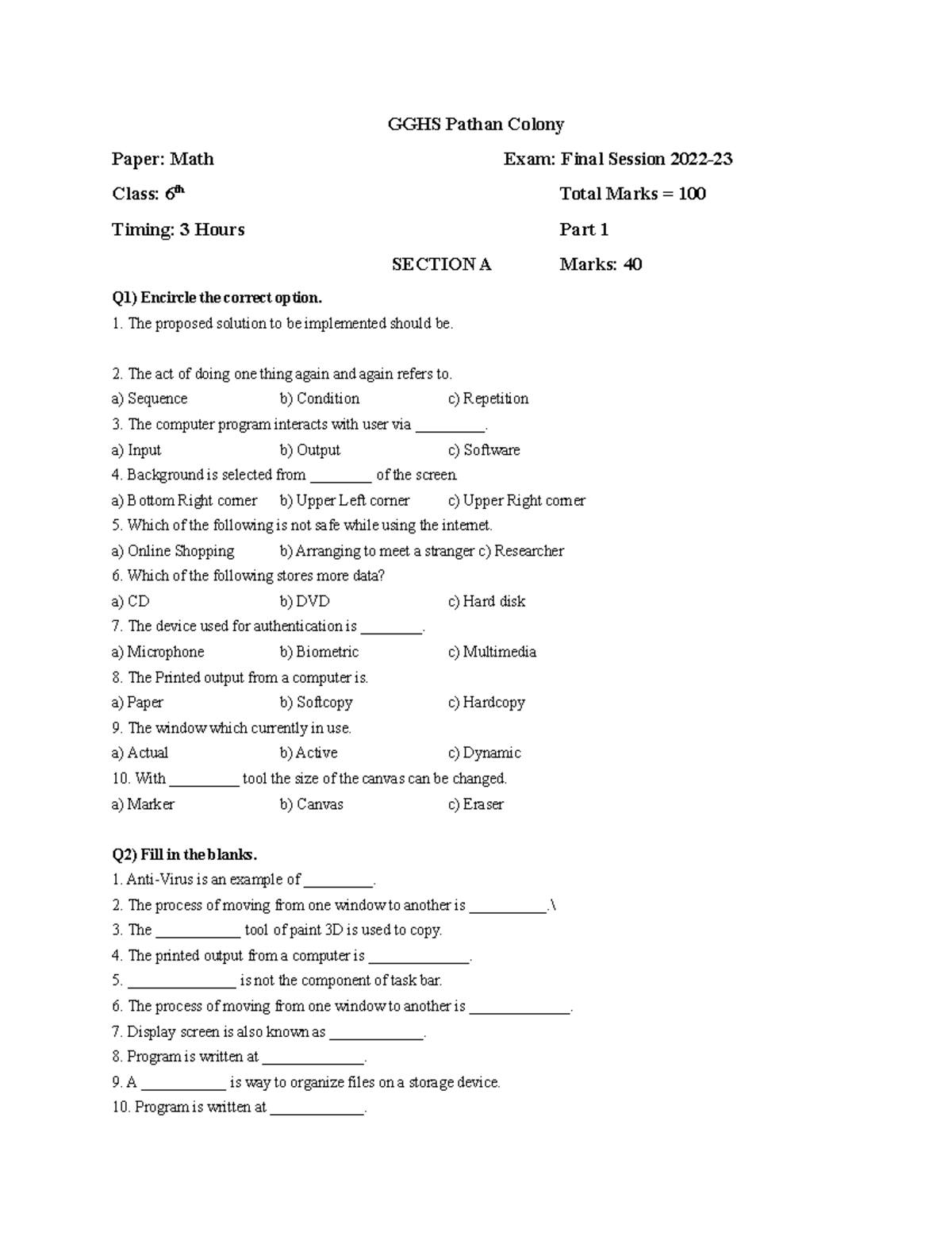 Comp 6th - GGHS Pathan Colony Paper: Math Exam: Final Session 2022 ...