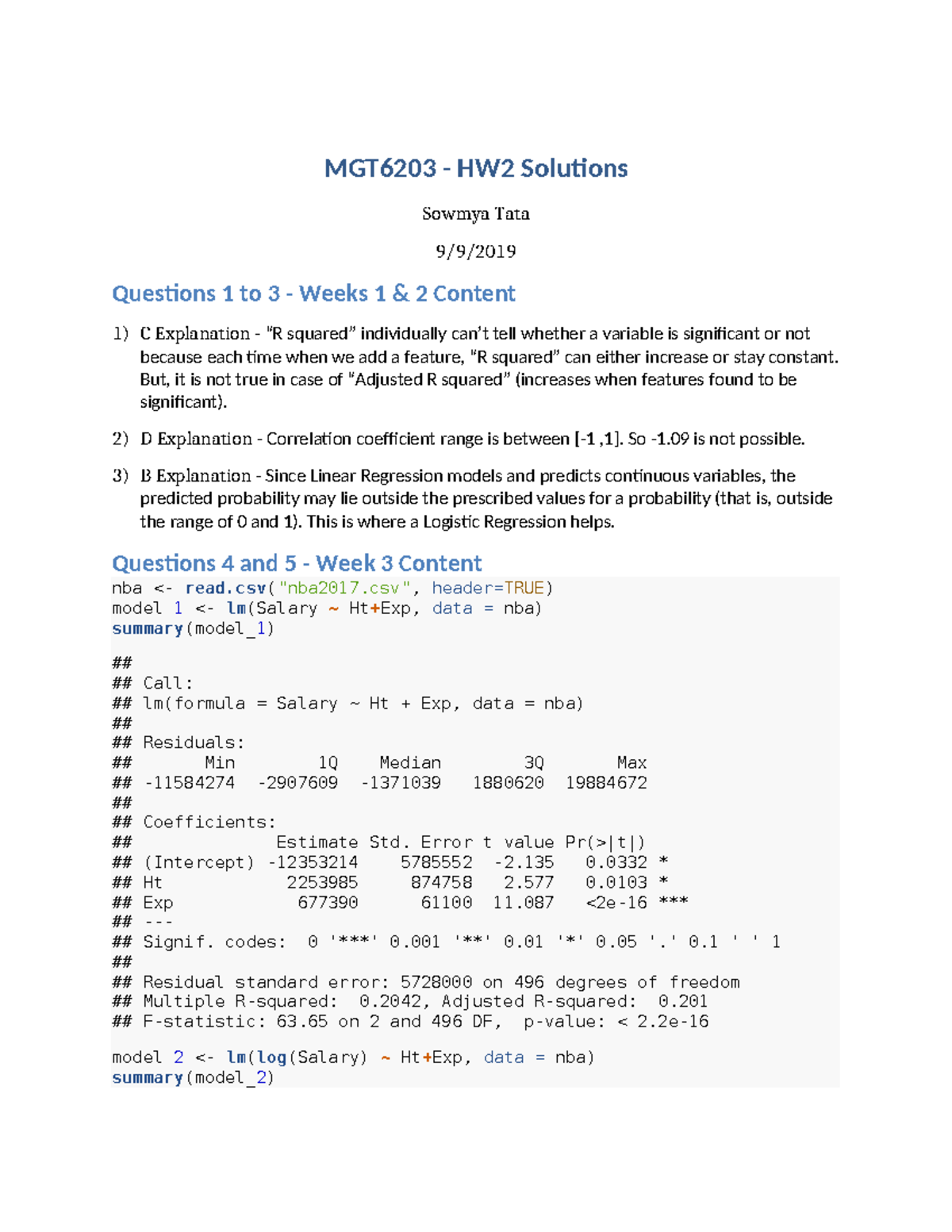 6203 HW2 - Answer For Homework 2 Mgt 6203 - MGT6203 - HW2 Solutions ...