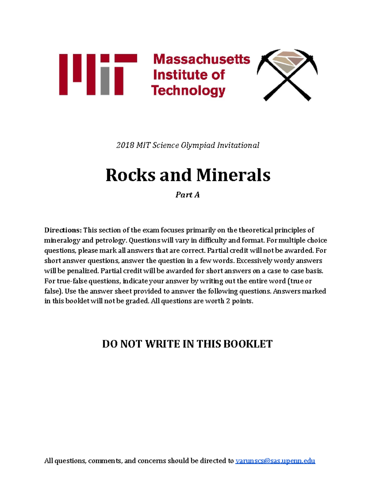 Rock Exam Rock and Minerals 2018 MIT Science Olympiad Invitational