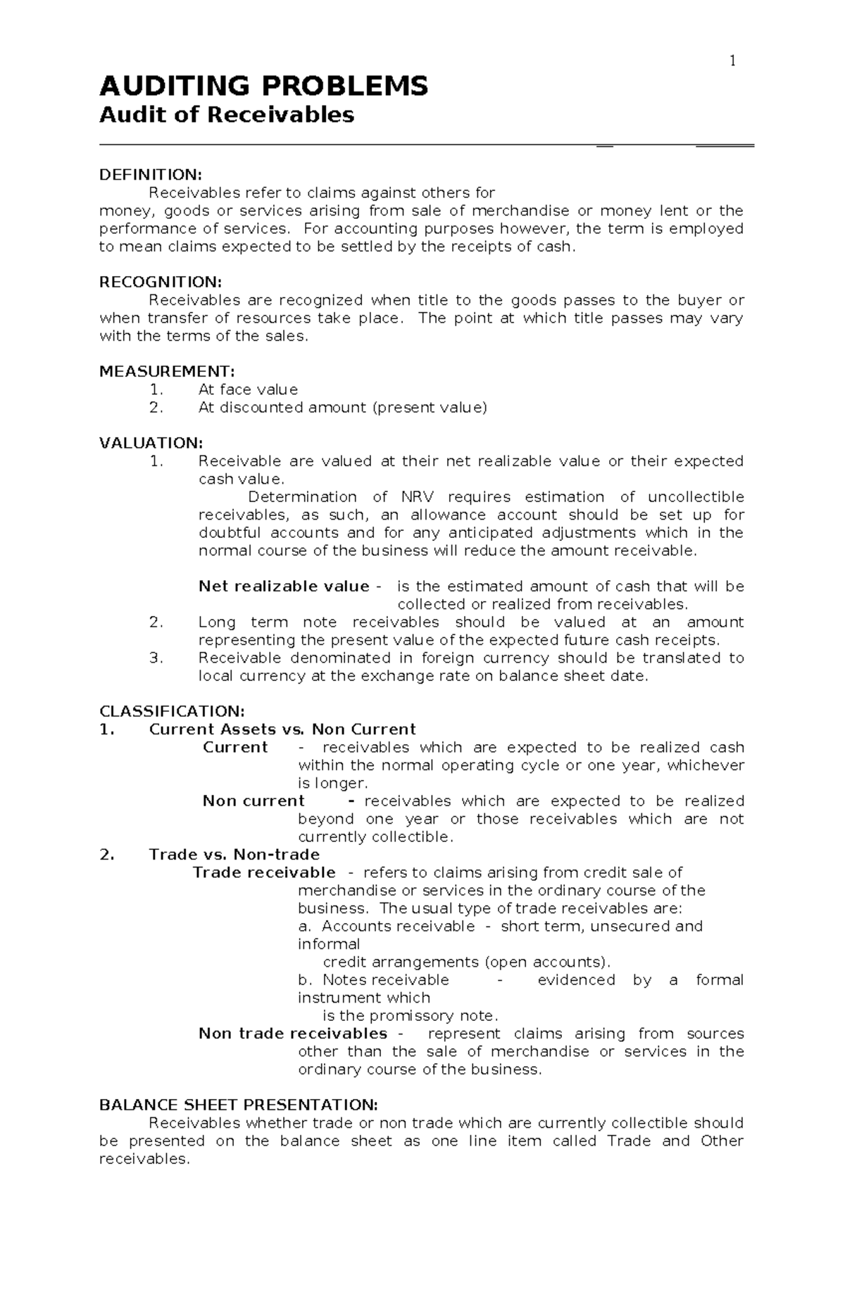 Audit of Receivables - practice/notes - AUDITING PROBLEMS Audit of ...