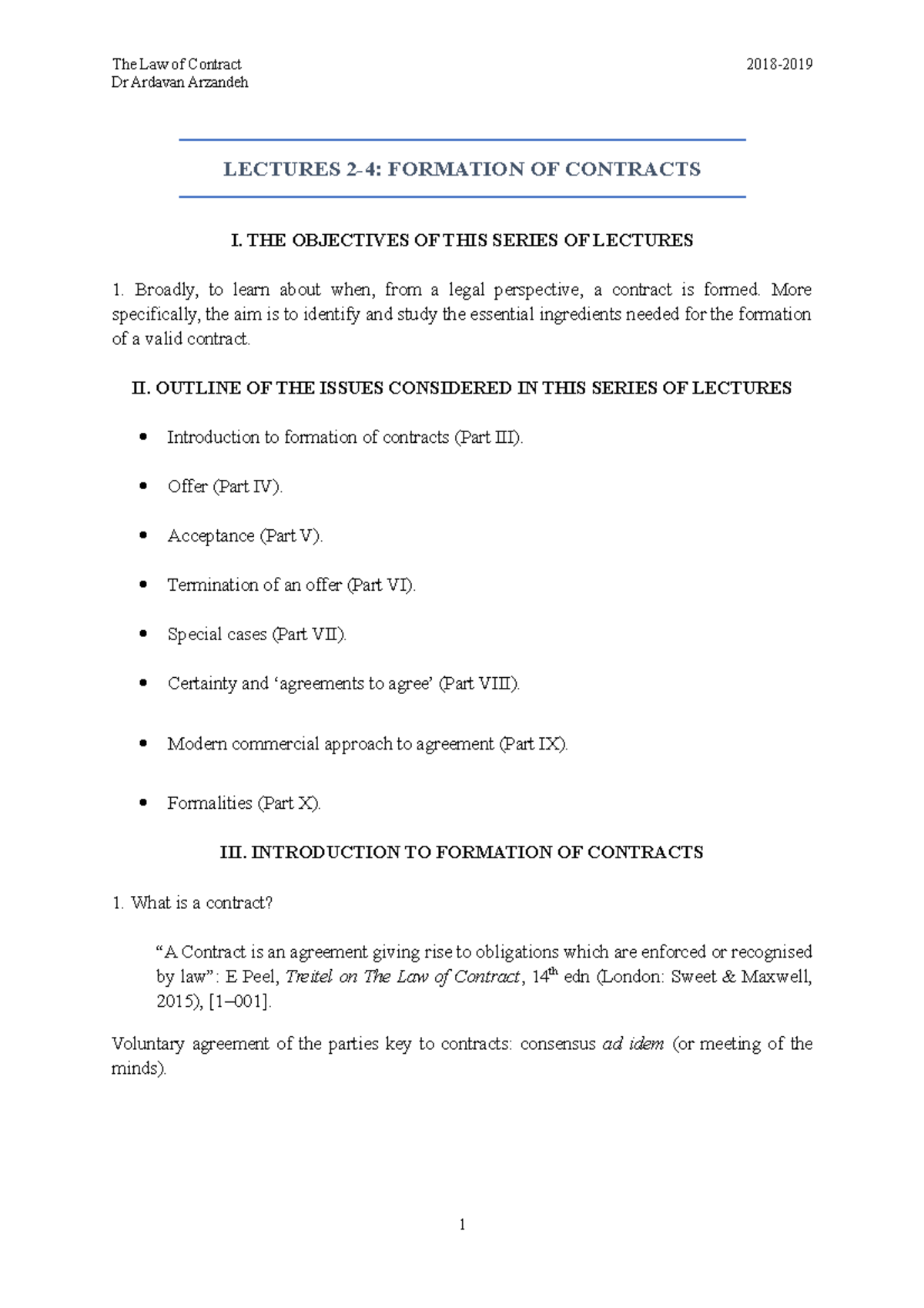 Contract Lectures 2-4 handout - LECTURES 2-4: FORMATION OF CONTRACTS I ...