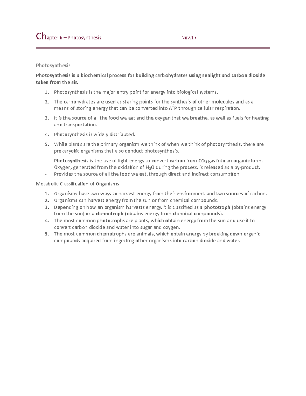 Chapter 6-photosynthesis full lecture notes - Chapter 6 ...