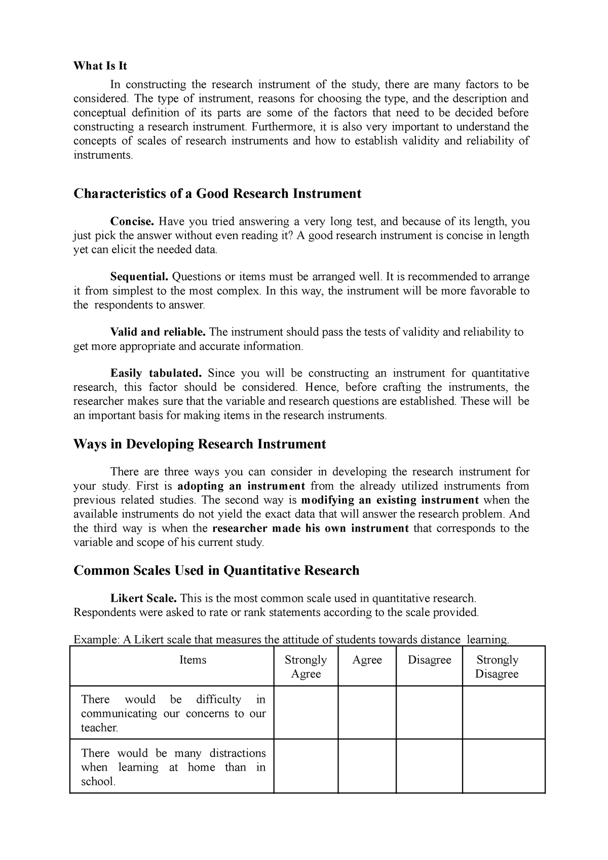 how to write research instrument example quantitative