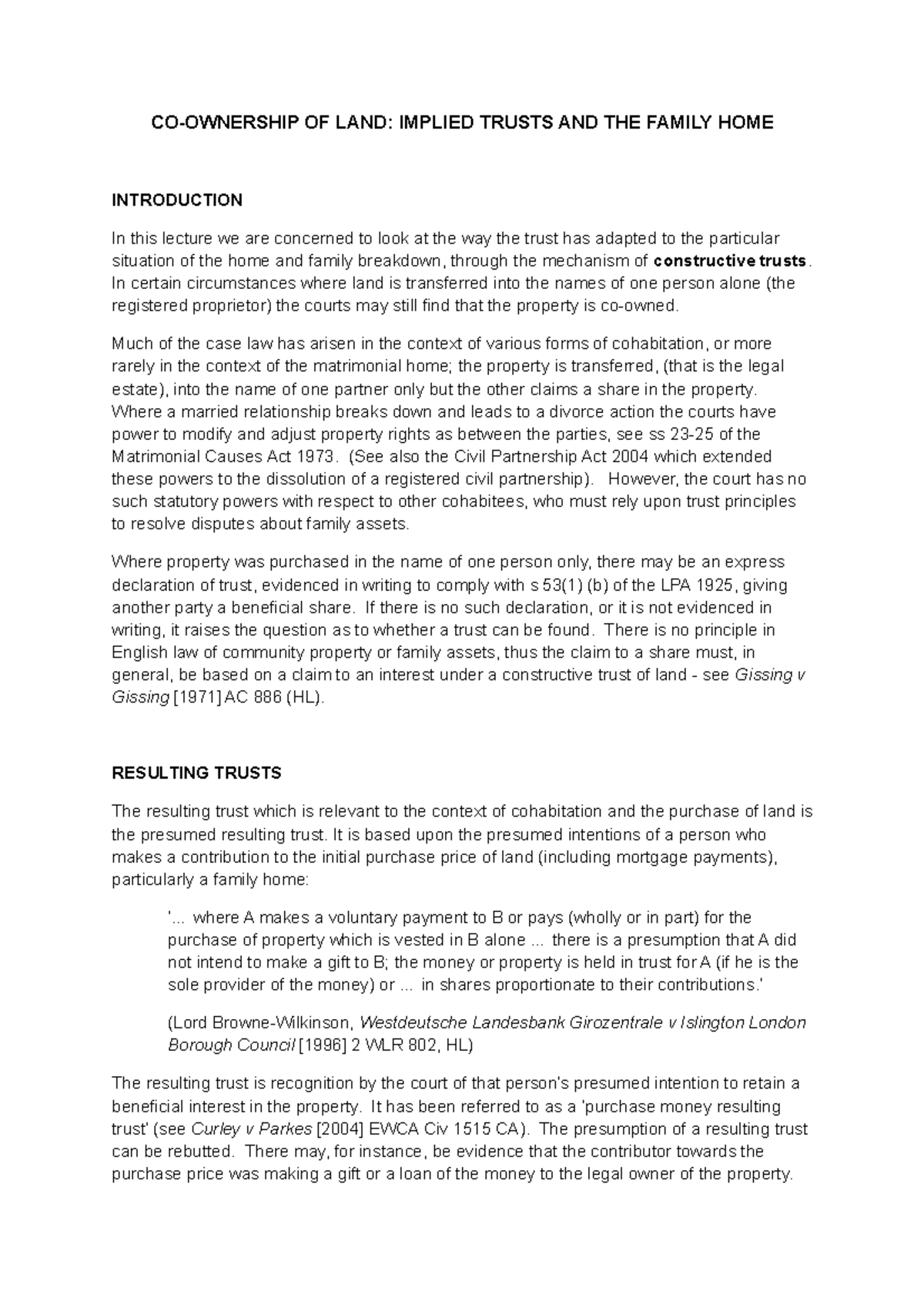 Land law CO Ownership OF LAND Implied Trusts AND THE Family HOME - CO ...
