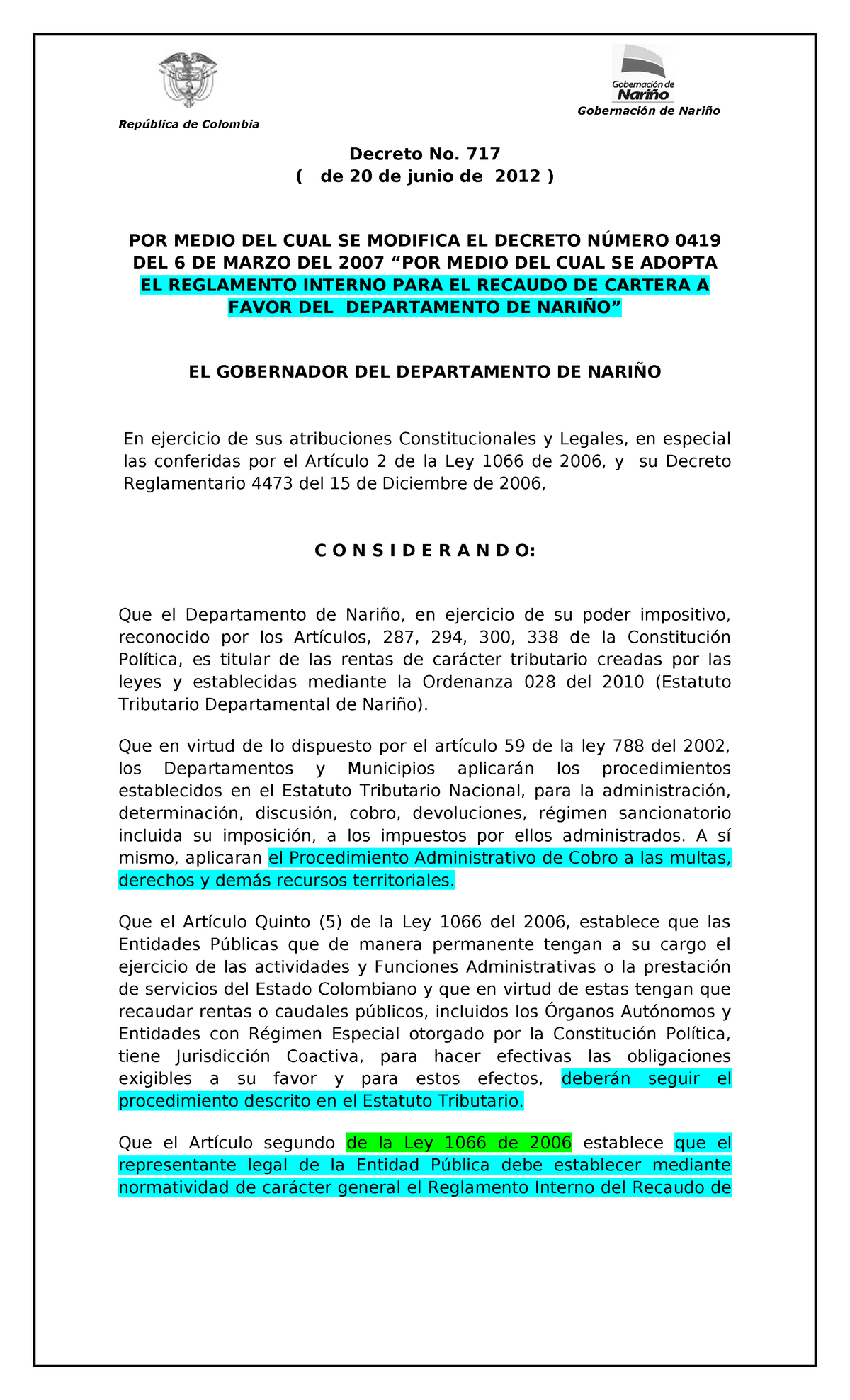 Manual de Cartera Decreto 717 de 20 de junio de 2012 (1) - República de ...
