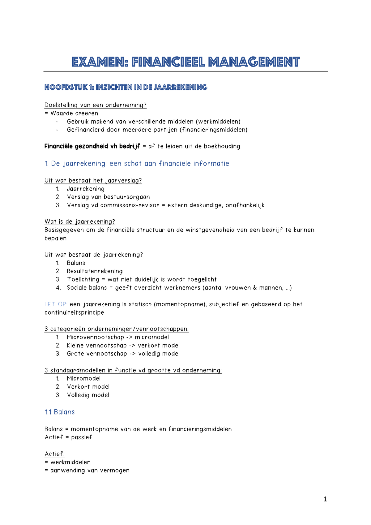 Financieel Management - Examen: Financieel Management Hoofdstuk 1 ...