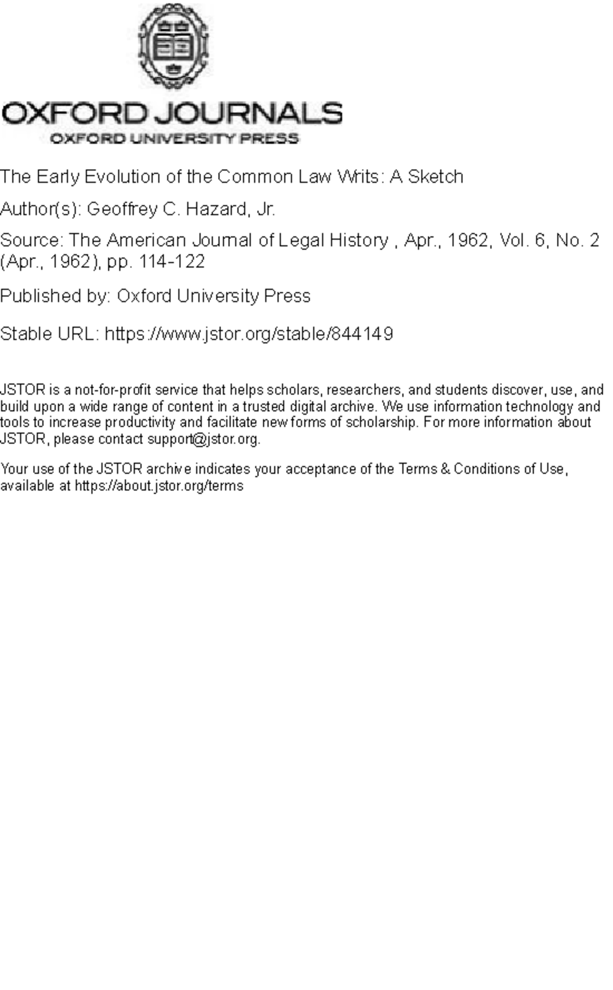 Geoffrey C. HazardEarly Evolution Common1962 The Early Evolution of